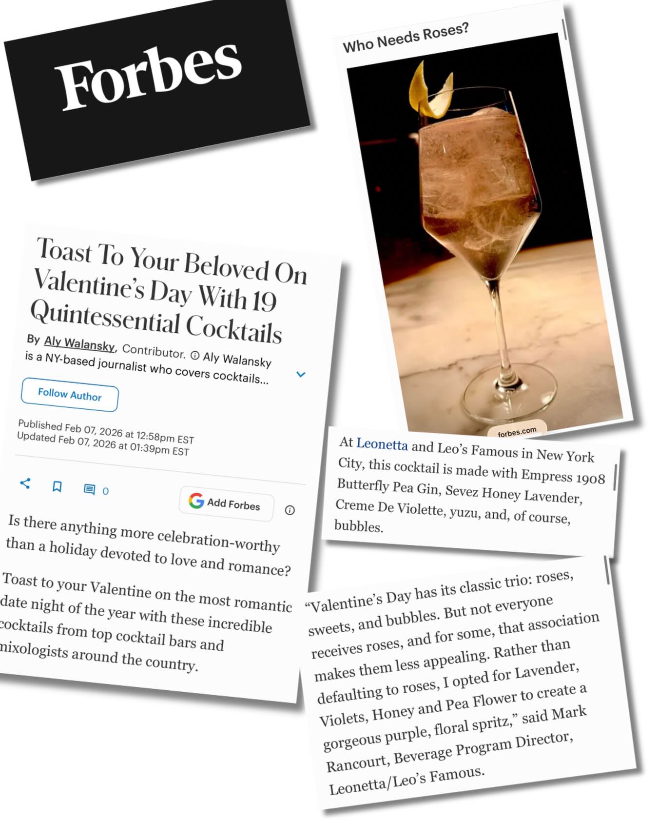 Love this Valentine's cocktail roundup by the amazing @alywalansky that features the floral "Who Needs Roses?" spritz available at @leonettanyc and its downstairs cocktail lounge @leosfamousnyc, created by beverage program director Mark Rancourt.
Come enjoy it alongside dishes by @chef_edcotton with your lover or gal pals this VDay and read the whole delish list on Aly's Forbes story page at forbes.com/sites/alywalansky
Big thanks to @susie_dempsey_ for coordinating this piece for our team!
#nyceats #nycfoodie #galentines #valentinesdining #nyccocktails