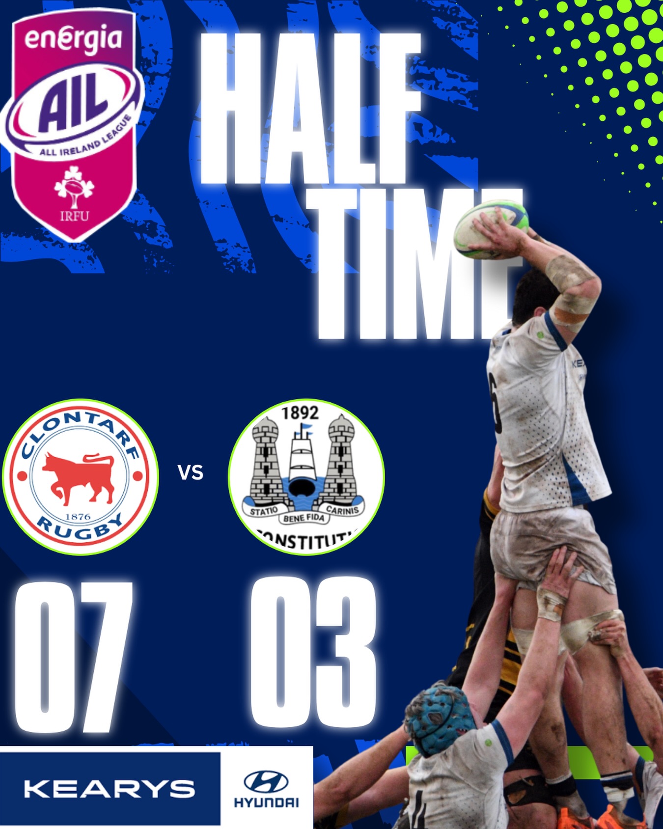 Half-Time Update โ Energia AIL
Clontarf RFC 7 โ 3 Cork Constitution F.C.
A tight first half at Castle Avenue with very little between the sides. Big 40 minutes ahead โ letโs push on ๐ตโชโซ
#UpTheCons #EnergiaAIL #PositiveEnergy
@clontarfrugby @KearysHyundai @irishgrassrootsrugby @IrishRugby