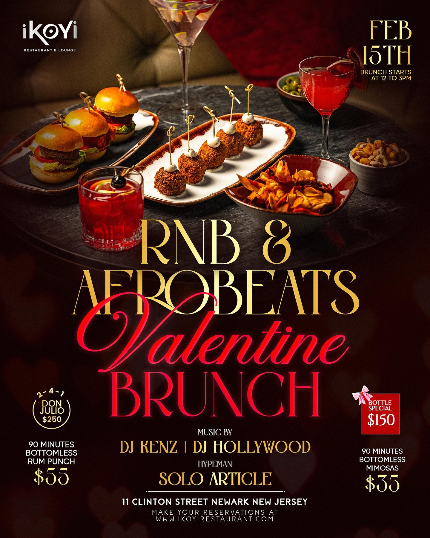 Valentine Brunch 🌹🥂
📅 Sunday, February 15th | 1pm-4pm
📍Ikoyi | 11 Clinton St, Newark NJ
Vibes curated by @djkenz_ 🎶
#ikoyirestaurantnj #brunchnj #brunchnyc #valentinesday #bottomlessbrunch