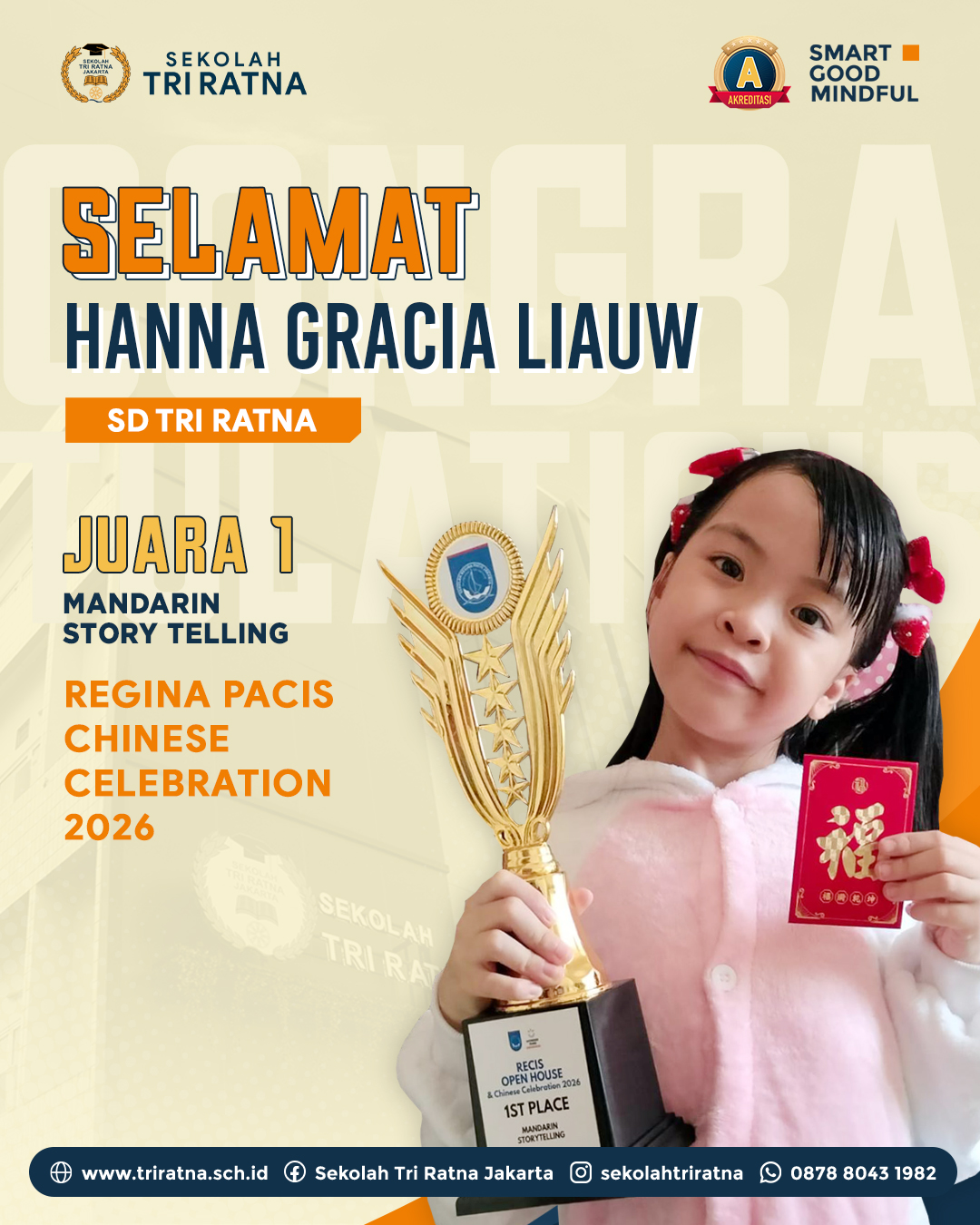 Selamat kepada Hanna Gracia Liauw murid SD TRI RATNA @sdtriratna atas prestasinya meraih Juara 1 dalam ajang Mandarin Story Telling. 🥇🏆
Dengan keberanian, kepercayaan diri, serta bimbingan dari guru Hanna berhasil meraih hasil terbaik dan membanggakan.
Sekolah Tri Ratna senantiasa mendukung pengembangan prestasi akademik maupun non-akademik setiap murid.
Bergabunglah bersama Sekolah Tri Ratna!
🔗 psb.triratnaschool.sch.id
☎️ +62 878-8043-1982
SMART • GOOD • MINDFUL
#sekolahjakarta #sekolahbuddhajakarta #sekolahtriratna #sekolahjakartabarat #mindfulschool