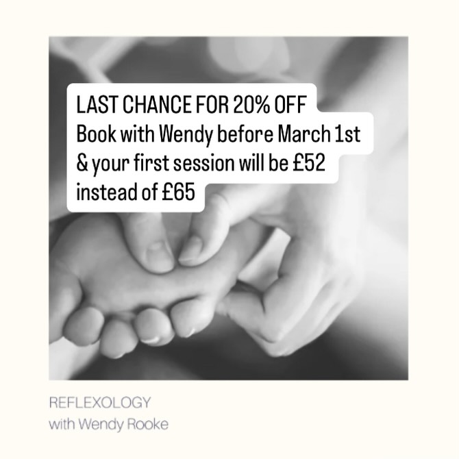 Get in quick. We have just a few appointments left with Wendy at the special introductory rate of just £52 instead of £65 when you book your first Reflexology session before the 1st of March.
Contact Wendy directly to book your appointment.
wendy@rookeholistic.co.uk
07528708650
#reflexology #sidmouth #devonreflexology