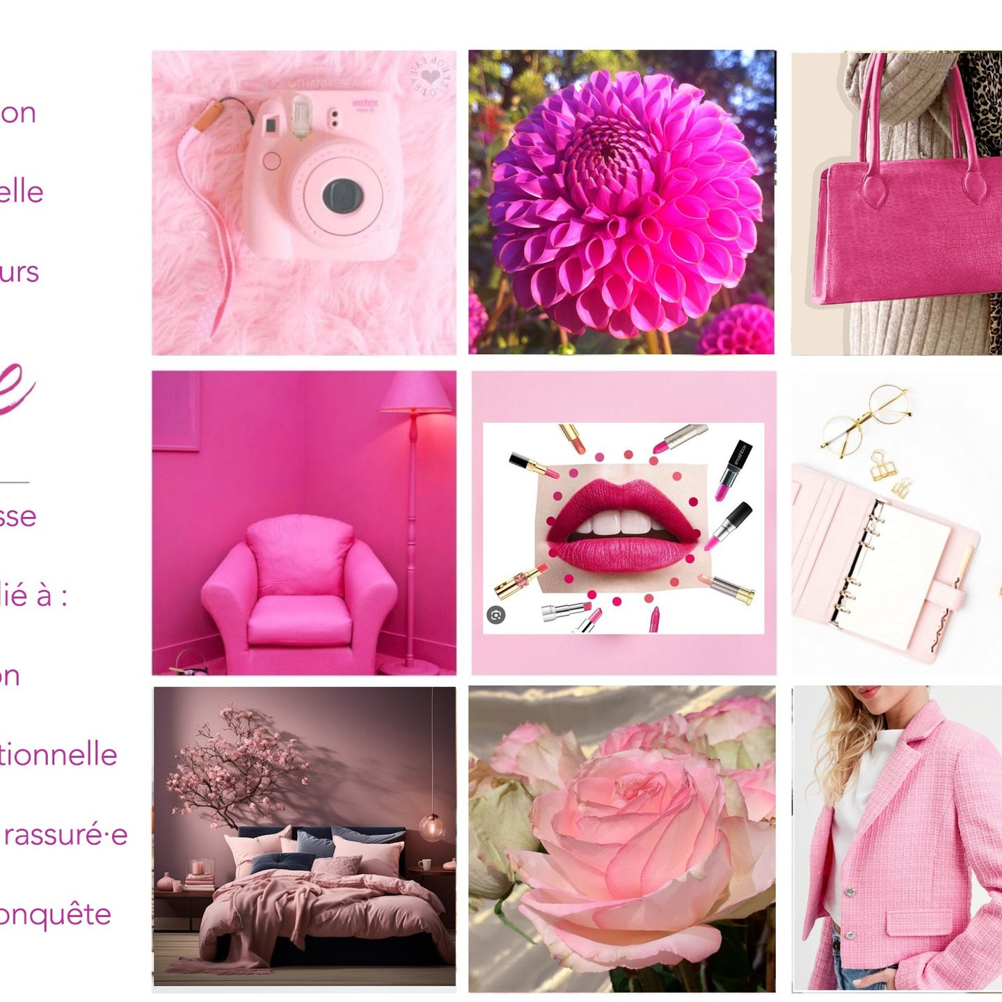 La symbolique émotionnelle du rose est subtile, parce que c’est une couleur émotive sans être brutale, affective sans être envahissante 💗
Elle agit plus comme une caresse que comme un choc.
Émotion de base : la tendresse
Le rose est lié à :
l’affection
la douceur relationnelle
le besoin d’être rassuré·e
l’amour sans conquête
C’est l’émotion du lien sûr, pas de la passion dévorante.
🫶 Vulnérabilité acceptée
Si on ne veut pas le porter, on peut utiliser un rouge à lèvre, un sac, une parure de lit!
#colorimetrie #colorimétrie #rose
