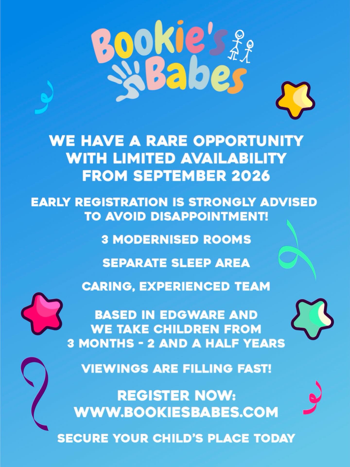 ✨ Looking for a Nursery Where Your Child Truly Thrives? ✨
At Bookies Babes Nursery, Edgware, we create a warm, nurturing environment where children feel happy, secure, and excited to learn every single day
Here’s what makes us special:
👶 Beautiful, age-specific rooms designed for every stage of development
😴 A calm, cosy sleep space to support healthy routines
🌈 A safe, inspiring setting where confidence blossoms
💬 “The staff are amazing and genuinely care about every child.”
💬 “My child has grown so much in confidence and loves coming every day!”
Viewings are filling fast for 2026 and 2027 – don’t miss out.
👉 Register now at www.bookiesbabes.com
Book your viewing today and secure your child’s place - contact us on 07551 929790
✨ Give your child the very best start at Bookies Babes ✨