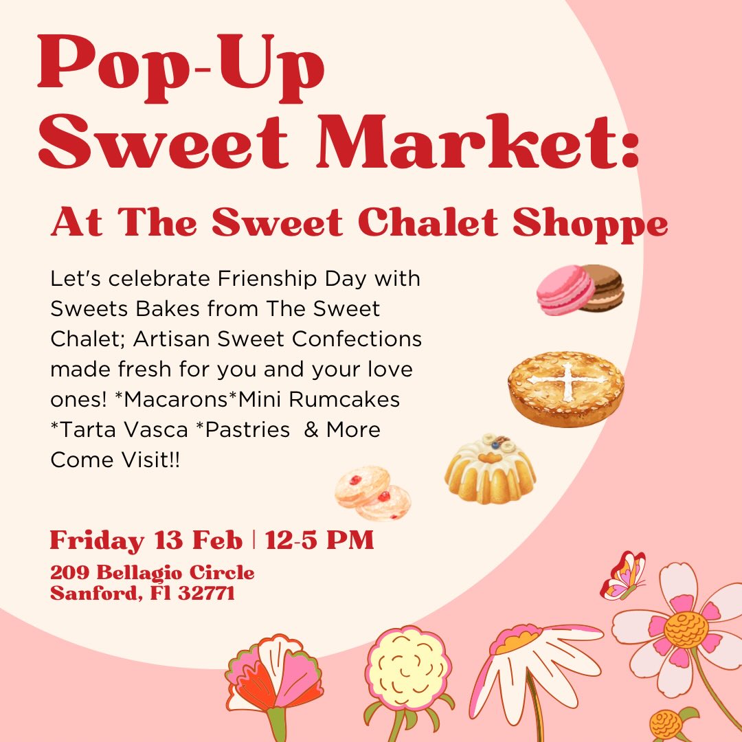 Celebrate the season of LOVE & Friendship at THE SWEET CHALET’S Valentine’s Market Day! Join us on Friday, Feb 13th from 12 pm to 5:00pm to enjoy an array of handcrafted treats with your colleagues and loved ones. Our menu features gourmet pastries, delicate macarons, mini RumCake, and authentic Tarta Vasca by Illi. Don’t miss our signature Oat-Milk Vanilla Cortadito-the perfect expreso pairing! Supplies are limited, so visit us early or call (321) 364-4842 to reserve your favorites! Xo🏠♥️