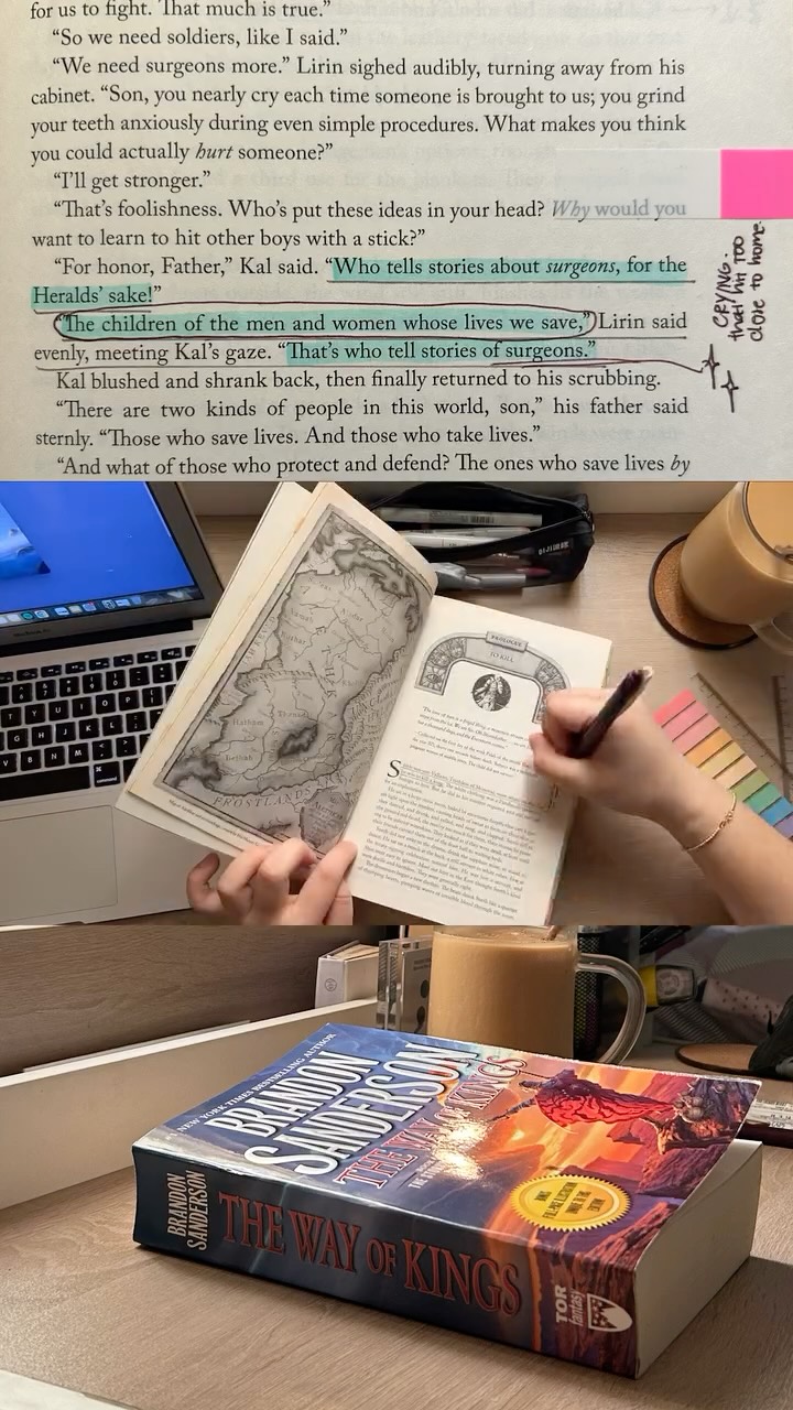 📝 reannotated The Way of Kings, a book i first read 5 years ago — i wanted to document the process & my favorite quotes
(don’t look at the quotes too closely if you don’t want to be spoiled of context for book 1)
Stormlight Archives is basically a series of self-help books on leadership & mental wellbeing disguised as epic fantasy, on this hill i stand. noticing what jumps out at me now that i’m in the middle of book 4… it’s interesting to see which scenes start to matter more 🥹 in spite of everything, Kaladin’s arc always seems to hit too close to home
i think i teared up 3 times in the span of starting and finishing 😭 i didn’t realize how much was built upon everything that happens here, from the character dynamics to the worldbuilding
i felt the time that’s passed as i reread my old handwriting but at the same time… it’s like meeting an old friend 🫂✨ time just deepened my appreciation for it
#bookstagram #fantasybookstagram #sanderson