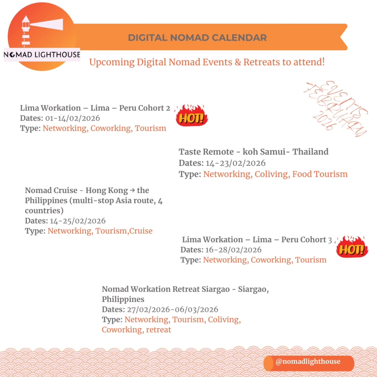 A bit of a late post as february started pretty busy, but here we go!
We just dropped the Nomad Lighthouse calendar for February 2026. Whether you're in, there is something happening near you. Check out the post to find your next squad! 👯♀️💻
🌟 New to the nomad game? Stop paying for stays and start exploring. We created a Free Starter e-book.
👆 Click the Link in Bio to download now our guide on finding Free Accommodation anywhere in the world and essential hacks from pros who have been on the road for years.
Follow us for more tips and let’s explore the world together!
#NomadEvents #RemoteLife #WorkFromAnywhere #TravelGoals #BudgetTravel NomadCommunity LinkInBi
DigitalNomad
DigitalNomadLife
RemoteWork
NomadEvents
NomadCommunity
WorkFromAnywhere
LocationIndependent
TravelMore
NomadLifestyle
DigitalNomads2026
NomadCalendar
FreeTravel
SlowTravel
RemoteWorkers
NomadLighthouse