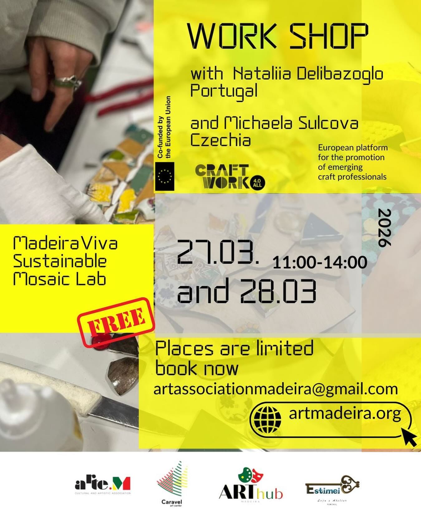 🆕New event launched within the Craftwork 4.0 All project @craftwork4all — a special Craft Happening where two makers meet and two philosophies of care come together.
Sustainable mosaic 🎨🍃turns broken ceramics and glass into new visual stories. Memory craft transforms damaged tableware into meaningful new objects. Not repair — but re-composition.
Participants don’t just create — they turn memories into form. Fragments become art. Objects get a second 🥈life. Craft becomes a dialogue between materials, people, and time.
⚠️ Places are limited — apply now via website or email:
atassociationmadeira@gmail.com
Co-funded by the Creative Europe Programme of the European Union.
#Craftwork4All #arthubmadeira #CreativeEurope #artemassociation #artcentercaravel