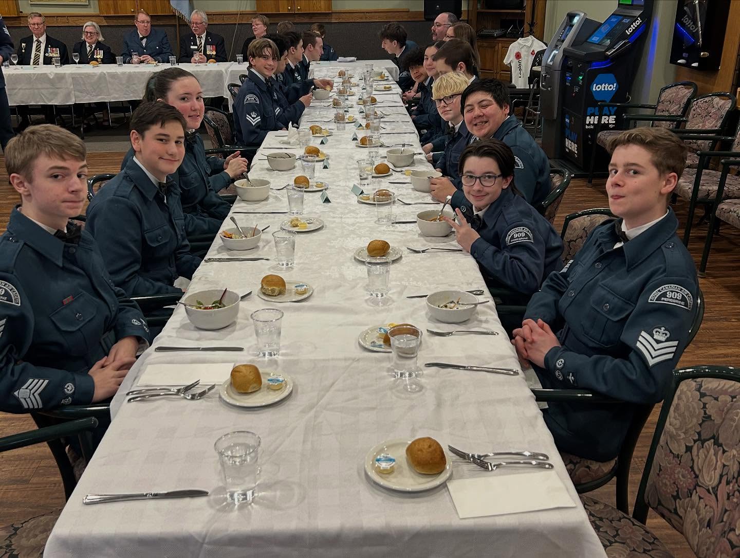 Yesterday, 909 cadets participated in a Mess Dinner at the West Kelowna Legion Branch 288. They shared in a three course meal, mingled with their fellow cadets, and shared in important traditions of the air cadet program, and the RCAF in a formal dining setting. This followed an experience day, where cadets were able to choose from Band, Drill, Effective Speaking, and Aviation to work on collectively for a few hours. It’s safe to say that our cadets had a blast !
#cadetsbc #bccadets #cadetscanada #westkelowna #909peregrine #youthgroups @cadets.bc