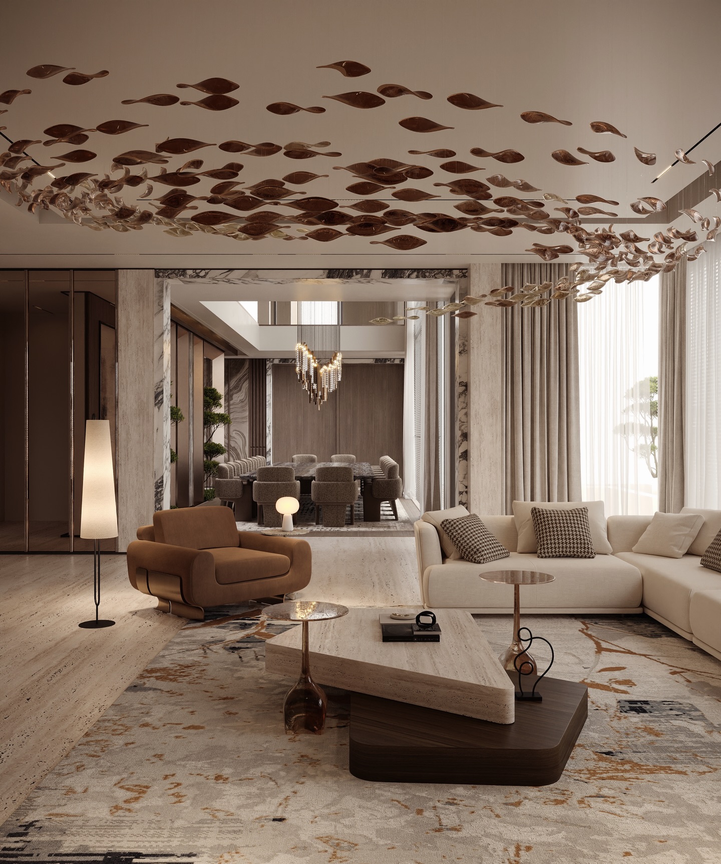 A Modern Saudi Masterpiece – Al Qirawan, Riyadh
This private palace in Al Qirawan was designed as a statement of quiet power.
A space where materials speak softly but leave a lasting impression, travertine floors, sculpted marble frames, rich walnut tones, and bespoke furniture pieces layered with intention.
The floating ceiling installation moves like a ribbon across the room, transforming the living area into a gallery of light and shadow. Every element was curated, not just placed.
Every line was drawn to create balance, rhythm, and emotion.
Natural daylight enhances the textures during the day, while warm architectural lighting reshapes the mood at night, intimate, refined, and timeless.
This is not just a living space.
It is an experience of modern Saudi luxury.
📍 Al Qirawan – Riyadh
Designed by Maroon Architects
#MaroonArchitects #LuxuryVilla #RiyadhDesign #ModernPalace #HighEndInteriors SaudiLuxury AlQirawan