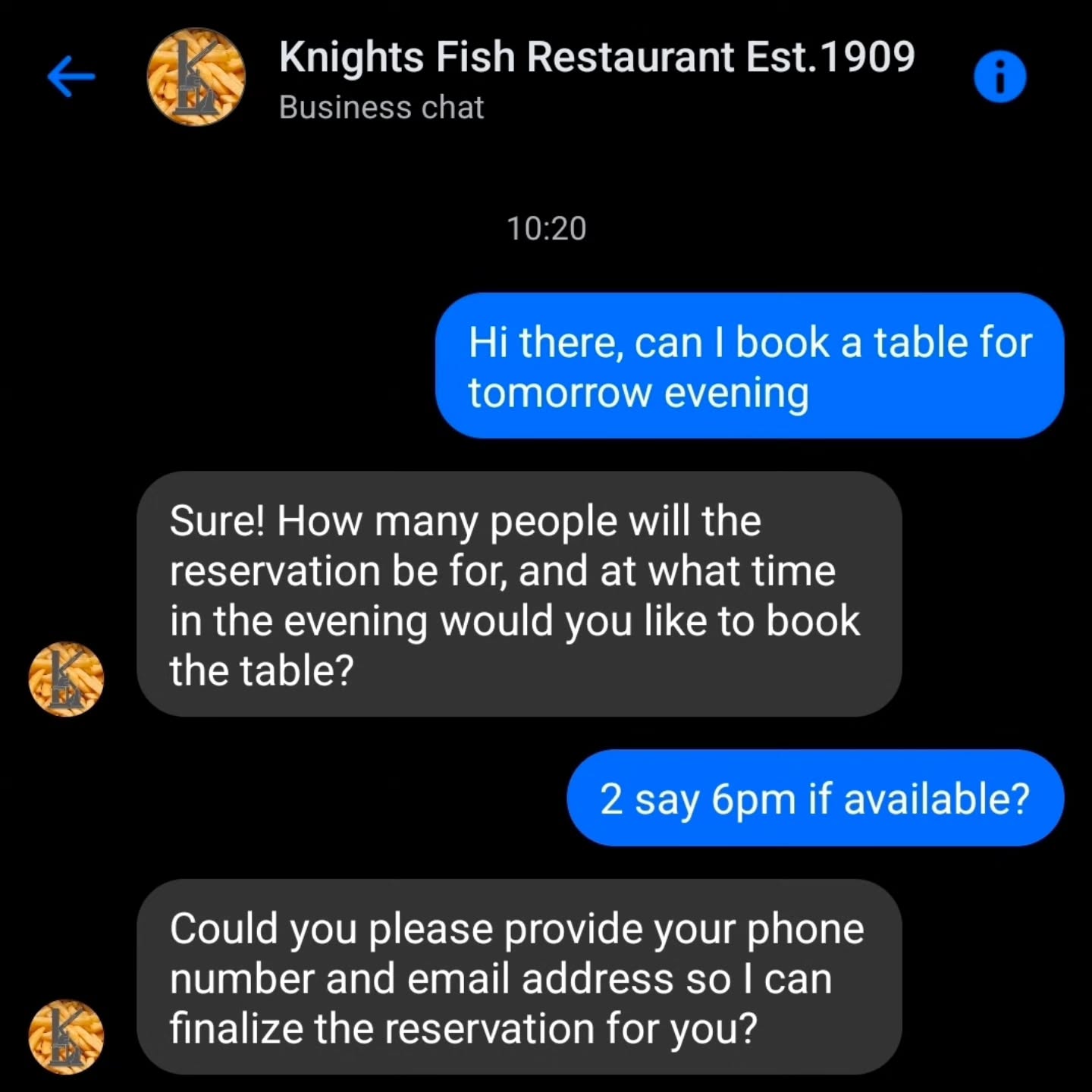 Booking a table just got super easy! 📱 You can now reserve your spot right through Facebook Messenger with our awesome AI chatbot. It handles all the details, so you don't have to stress. Why not give it a whirl and see how seamless it is? 😉 Let us know what you think! #EasyBooking #ChatbotMagic #TableForTwo 🥂
