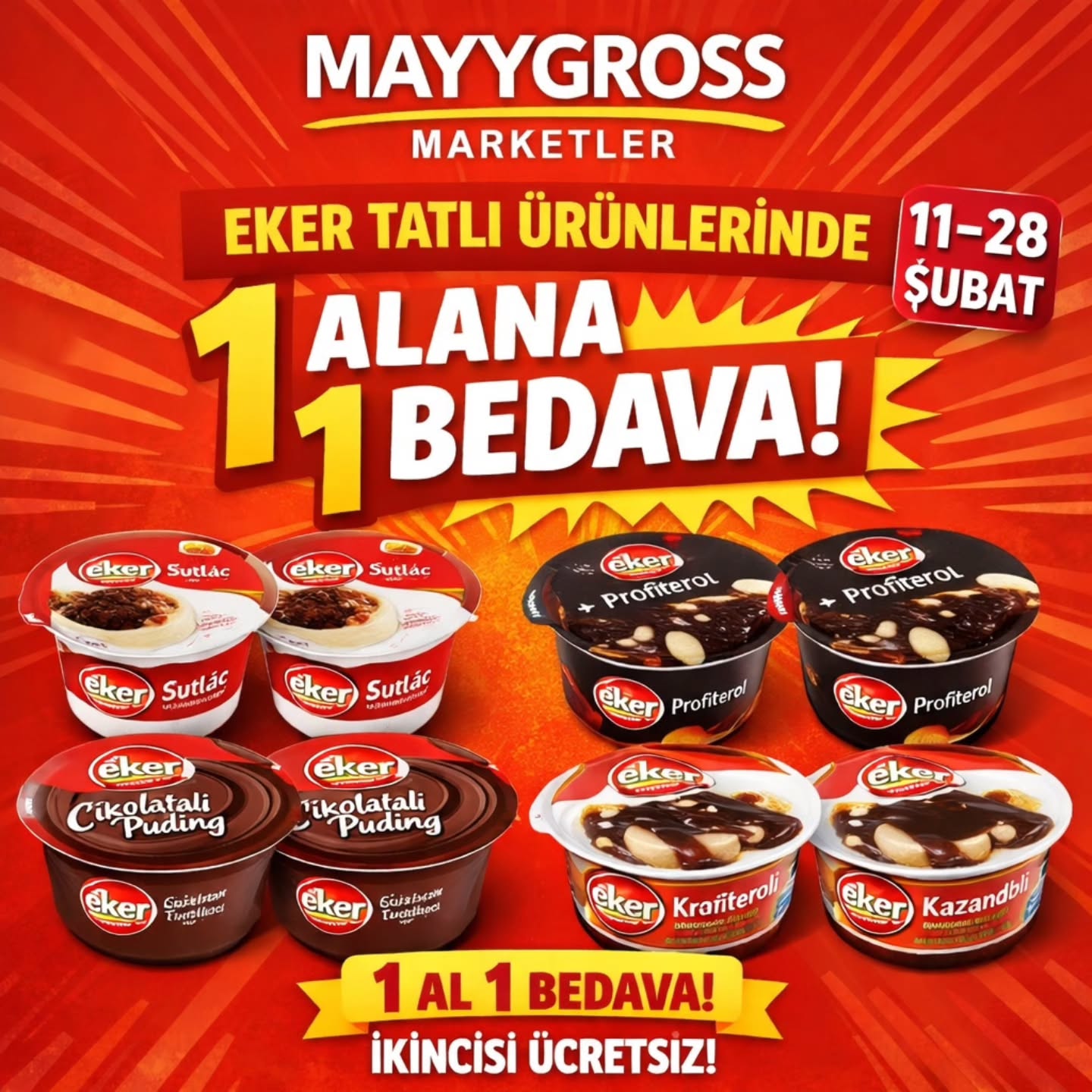Tatlı keyfi iki katına çıkıyor! Kaçıran üzülür 😉
• Şimdi al, birini de bizden! MAYYGROSS’ta fırsatlar devam ediyor!
• Eker’in en sevilen tatlıları şimdi çifte mutluluk!#kırşehir#kaman#mucur#manav