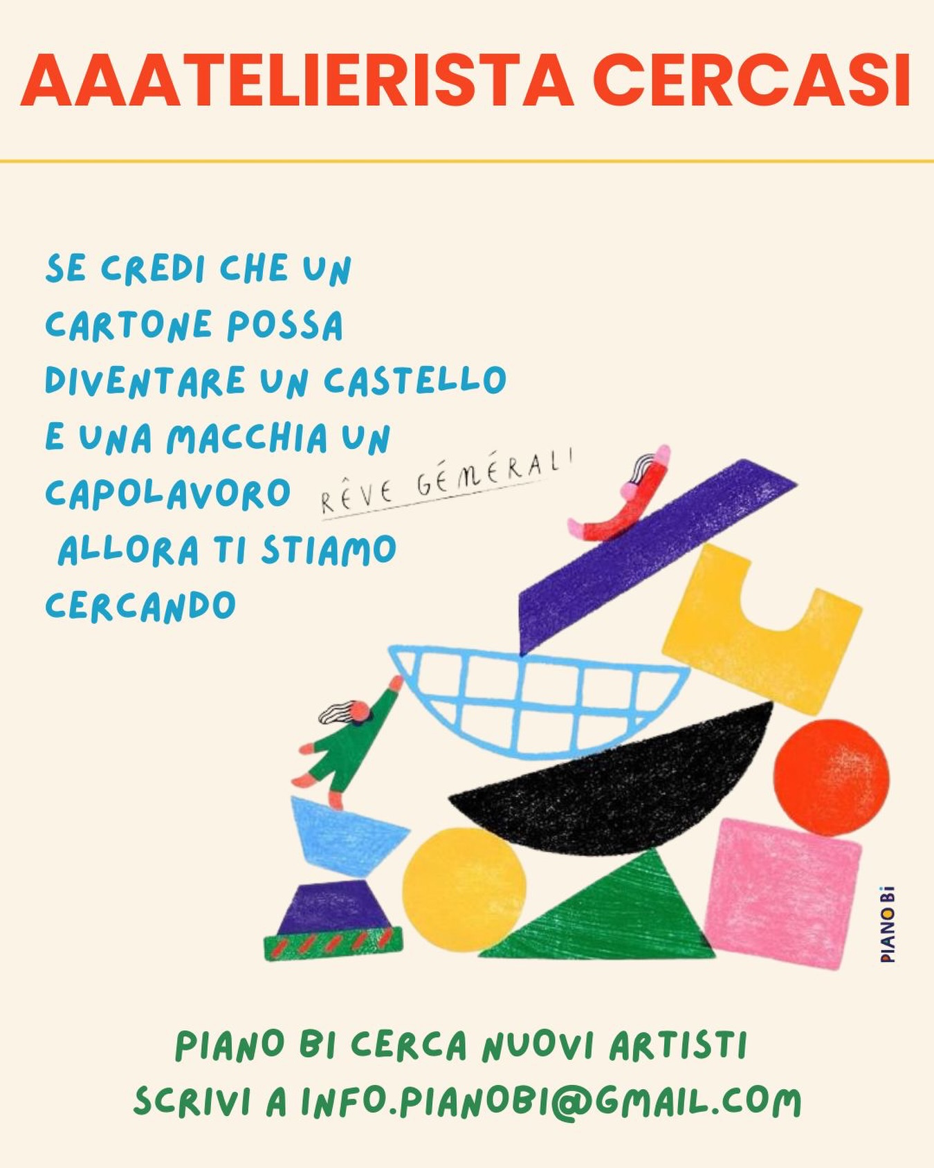 AAATELIERISTA CERCASI 🧡
Siamo alla ricerca di artisti, artigiani, creativi per i nostri corsi. Dai campus ai laboratori speciali fino ai corsi annuali, cerchiamo menti creative e mani d’oro per aggiungersi al nostro splendido team ✨
Se pensi di essere la persona giusta, manda una mail an info.pianobi@gmail.com con la tua candidatura e un portfolio 💌
Illustrazione di @annedessine 🌈
P.S. siamo a Milano 🏡