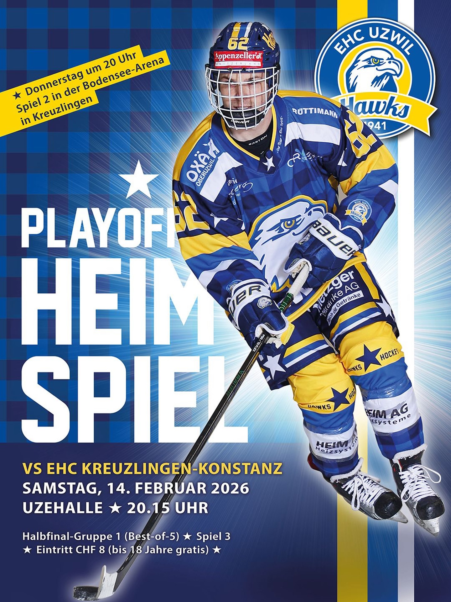 Nach dem erfolgreichen Start von gestern Abend folgt morgen in Kreuzlingen Spiel 2. Am Samstag sind wir dann zurück in der Uzehalle. Herzlichen Dank, wenn wir auch auswärts wieder auf euren Support zählen dürfen. Hopp Uzwil!
#ehcuzwil #ehcuzwilhawks #playoffs #stepbystep #hoppuzwil