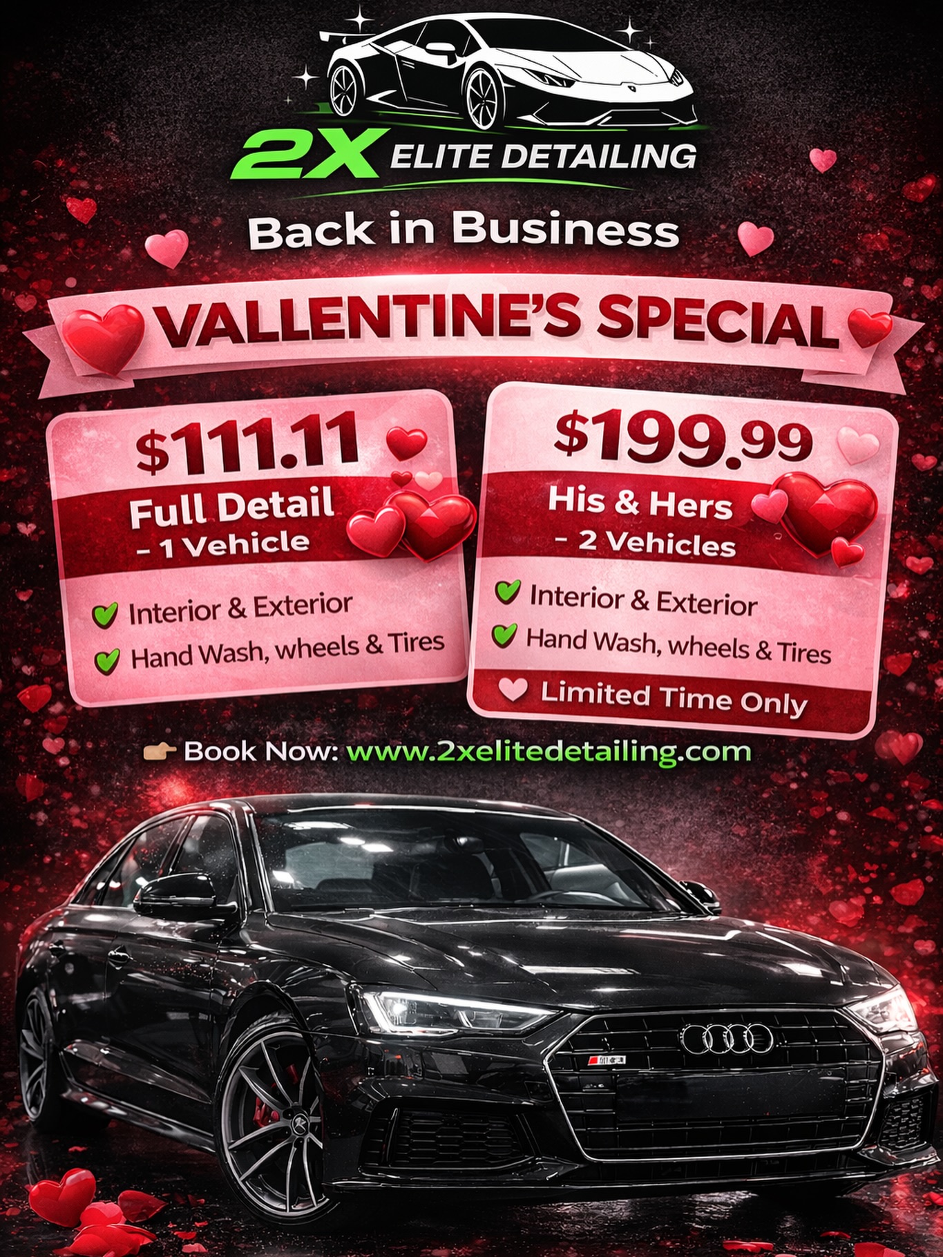 ❤️ WE’VE BEEN QUIET… BUT WE’RE BACK HARDER THAN EVER ❤️
2X Elite Detailing is officially back in business and we’re kicking things off with a Valentine’s Special you don’t want to miss!