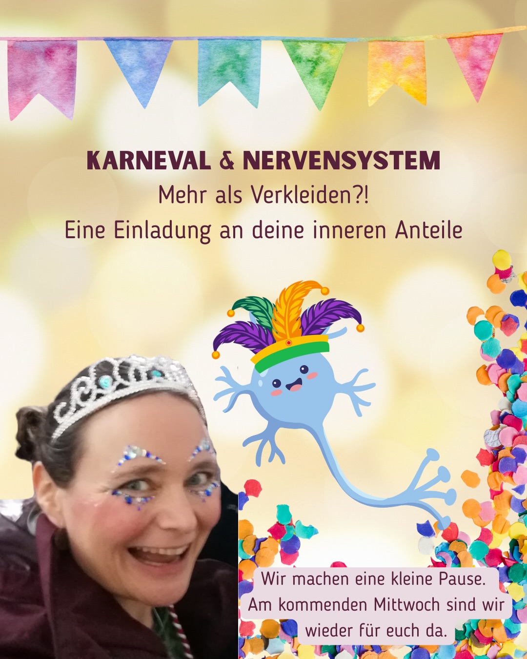 Karneval ist mehr als Feiern.
Er kann ein Spielfeld für unser Nervensystem sein.
Andere Kleidung, andere Rolle – und plötzlich fühlt sich auch innen etwas anders an.
Vielleicht:
Mutiger. Freier. Lebendiger.
Gleichzeitig darf Karneval auch still sein.
Oder (dieses Jahr) gar nicht aktiv stattfinden.
Authentisch zu sein gehört genauso dazu - vielleicht auch eine neue Ebene von Authentizität? ;)
Vielleicht nimmst du dir aus dieser Zeit nur eins mit:
Mehr Erlaubnis. Mehr Spiel. Mehr du.
Kleine Info:
Wir machen eine kleine Pause. Am kommenden Mittwoch sind wir wieder für euch da!
🤗 Her mit dem schönen Leben –
Ich freu mich auf dich!
Deine Eva
#KarnevalUndNervensystem
#InnereAnteile
#AuthentischLeben
#Traumasensibel
#EvaIstas
