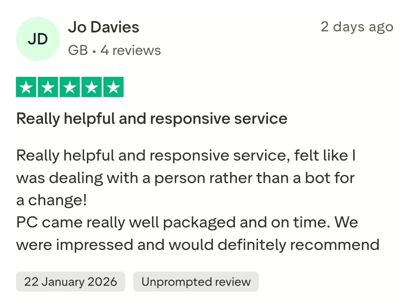 It’s always great to see a new build arrive safe and sound. 📦
Jo left us some feedback recently and mentioned that having a real person to talk to made the process easier—which is exactly what we aim for. Dealing with automated bots is a headache we try to avoid here.
Thanks for the recommendation, Jo. We hope you’re enjoying the new setup! 🖥️
#TechSupport #NewPC #CustomerFeedback #GamingSetup