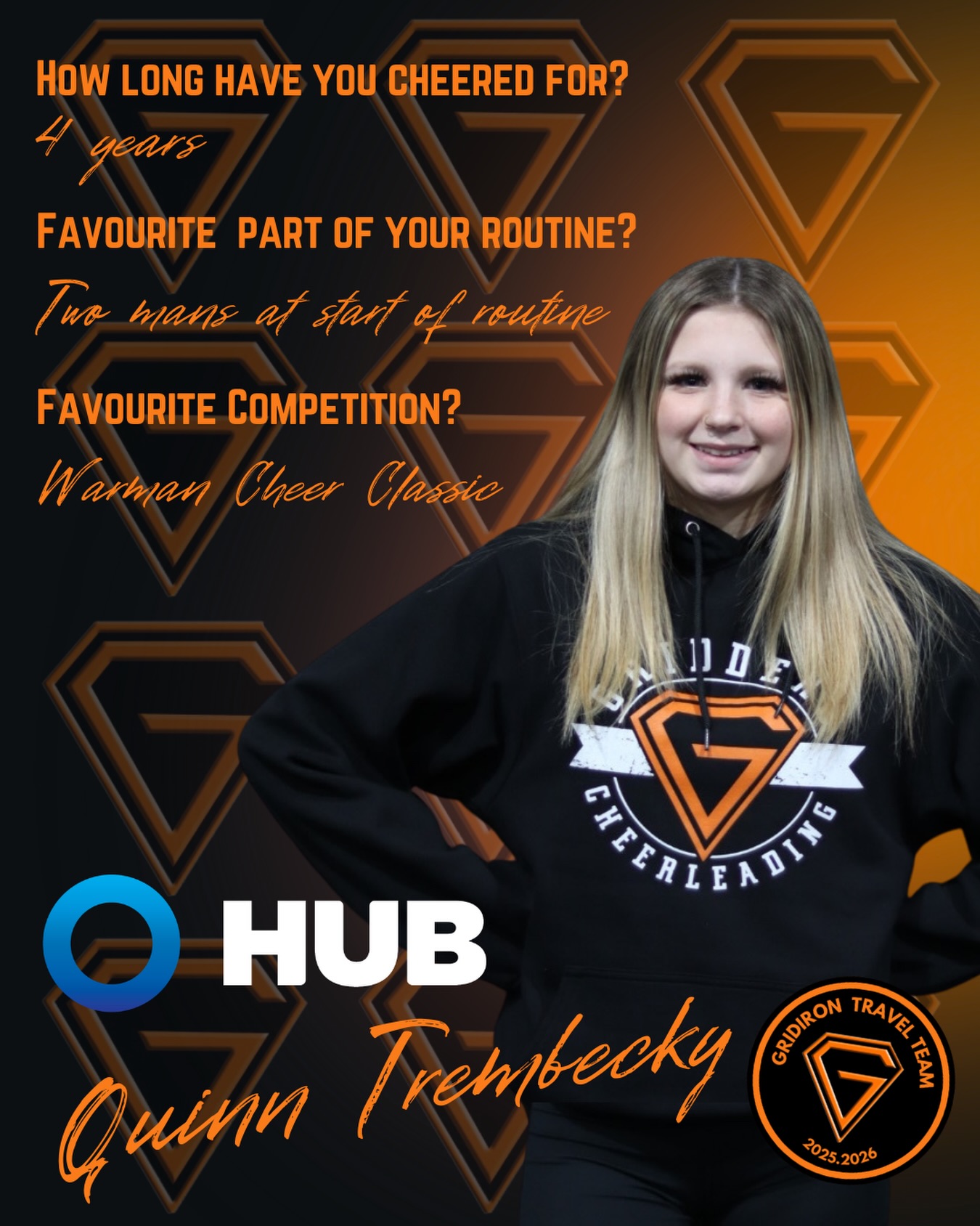 Our Gridiron travel team will be heading to Seattle this February, and we’re excited to showcase our amazing athletes! 📣
Today, we’re spotlighting Quinn Trembecky, proudly sponsored by Hub International!
Thank you to Hub International for supporting Quinn and our journey — from all of our Gridiron Travel Team athletes and Gridders Cheerleading!🧡🖤
