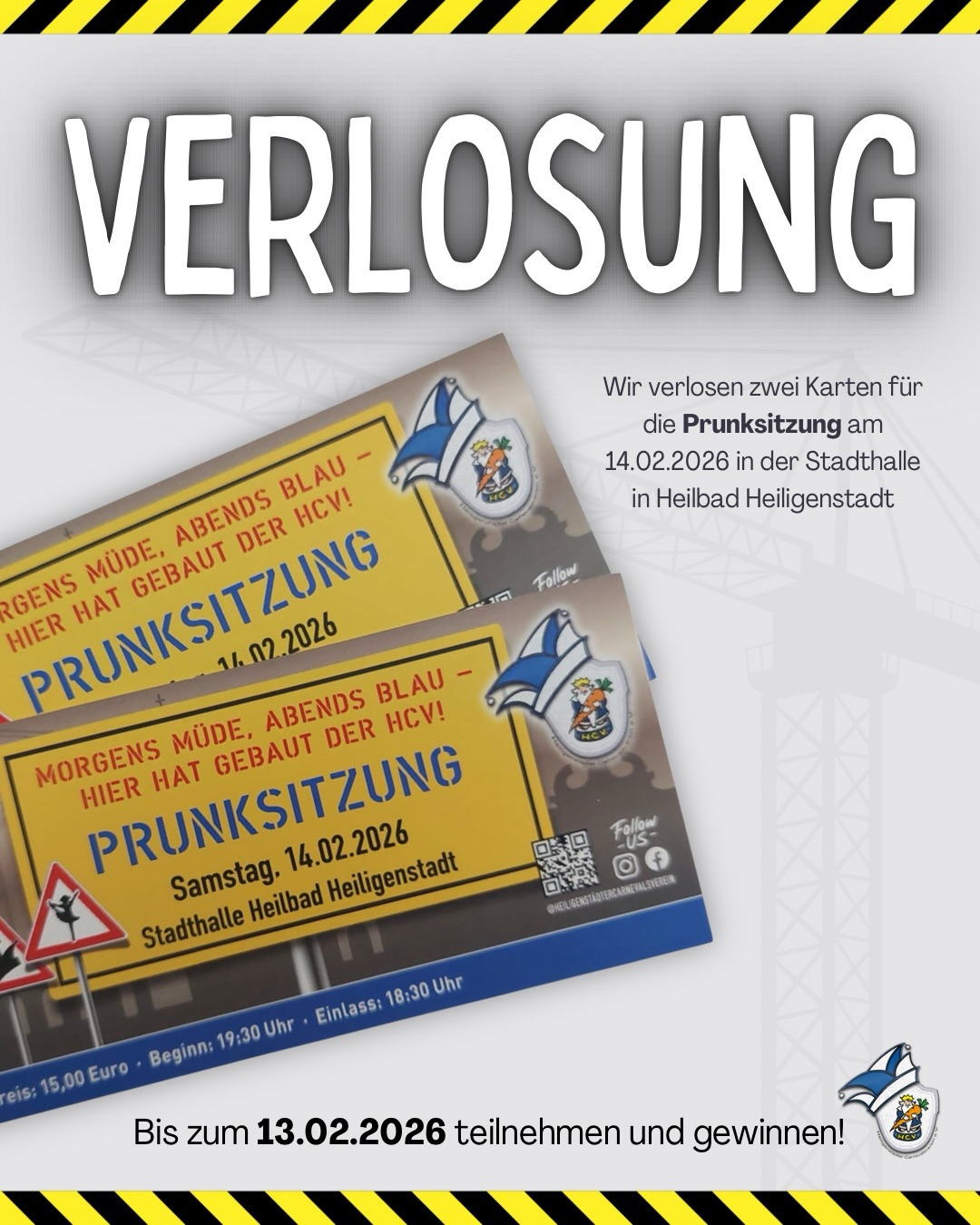 🚧 Gewinnspiel: Gewinne zwei Freikarten für dich & deine Begleitung für unsere Prunksitzung am 14.02.2026! 🎭👷♀️👷♂️
Helm auf, Warnweste an und ab auf die Karnevals-Baustelle!
Wir verlosen an eine glückliche Person zwei Freikarten – für sich selbst und eine Begleitung – für unsere Prunksitzung am 14.02.2026 in der Stadthalle Heilbad Heiligenstadt! 🎉
Freut euch auf ein hammerstarkes Programm, Stimmung, die jeden Presslufthammer übertönt und einen unvergesslichen Abend mit der Tanzband On Point. 🔨🎶🍻
So könnt ihr teilnehmen:
🚧 Beitrag liken 👍
🦺 Das zweite Bild mit den Veranstaltungsterminen in eurer Story teilen 🔁
🏗️ Einen Freund oder eine Freundin in den Kommentaren markieren, mit dem/der ihr gemeinsam die Karnevals-Baustelle unsicher machen wollt ✍️
Die Gewinnerin oder der Gewinner wird am 13.02.2026 ausgelost und direkt von uns kontaktiert. ⏰🎁
Wir freuen uns auf euch! 🎉
Darauf ein dreifach donnerndes HIG HIG HELAU! 🚧🎭
#HigHigHelau #Karneval #Fasching #Fünftejahreszeit #Prunksitzung