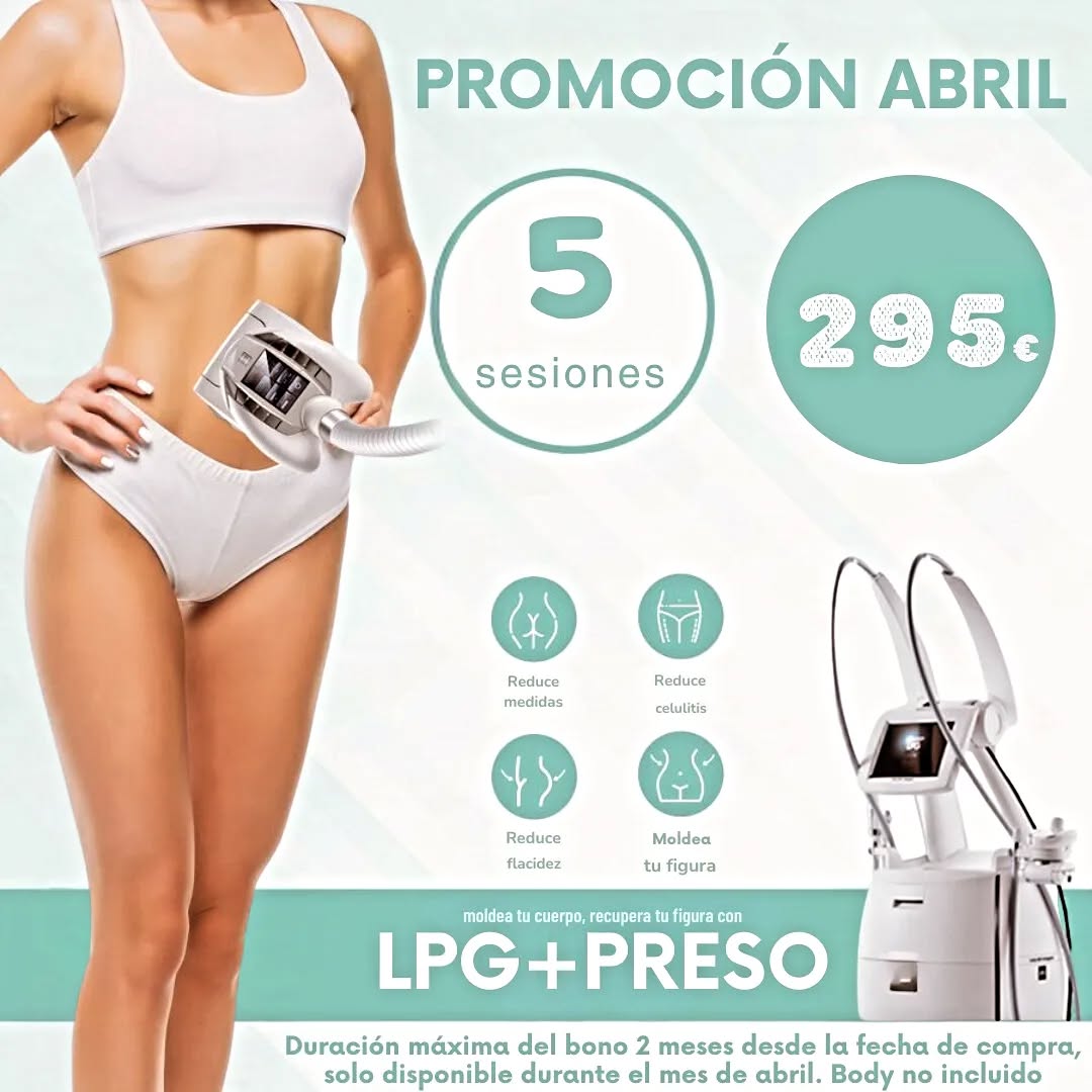Bienvenido abril y bienvenidas promociones nuevas!
Aprovecha durante este mes para empezar tu tratamiento corporal a un precio reducido, bono de 5 sesiones de LPG+Presoterapia, ideal para reducir volumen, moldear el cuerpo y mejora el aspecto de la piel.
No lo dejes pasar!🔥