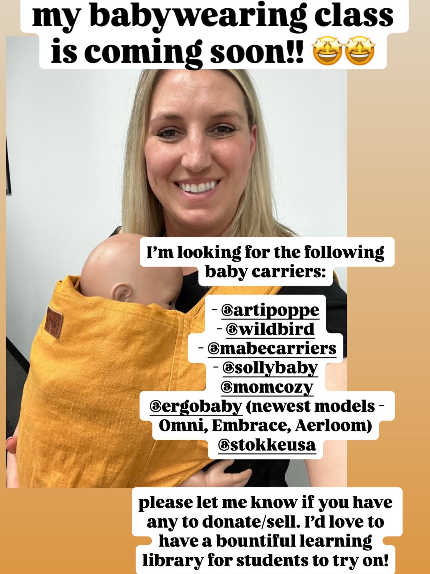 My babywearing class is getting closer to being ready! Stay tuned for class launch details! 🤩
In the meantime, I’m looking to purchase gently used carriers, wraps and ring slings for students to try on, test out and get familiarized with in a classroom setting with a trained professional. 🙏🏻
The most common brands I get questions about are:
@ergobaby
@wildbird
@sollybaby
@artipoppe
@mabecarriers
@stokkebaby
@momcozy
@babybjornus
Please DM me if you have any you’re willing to part with! 💌