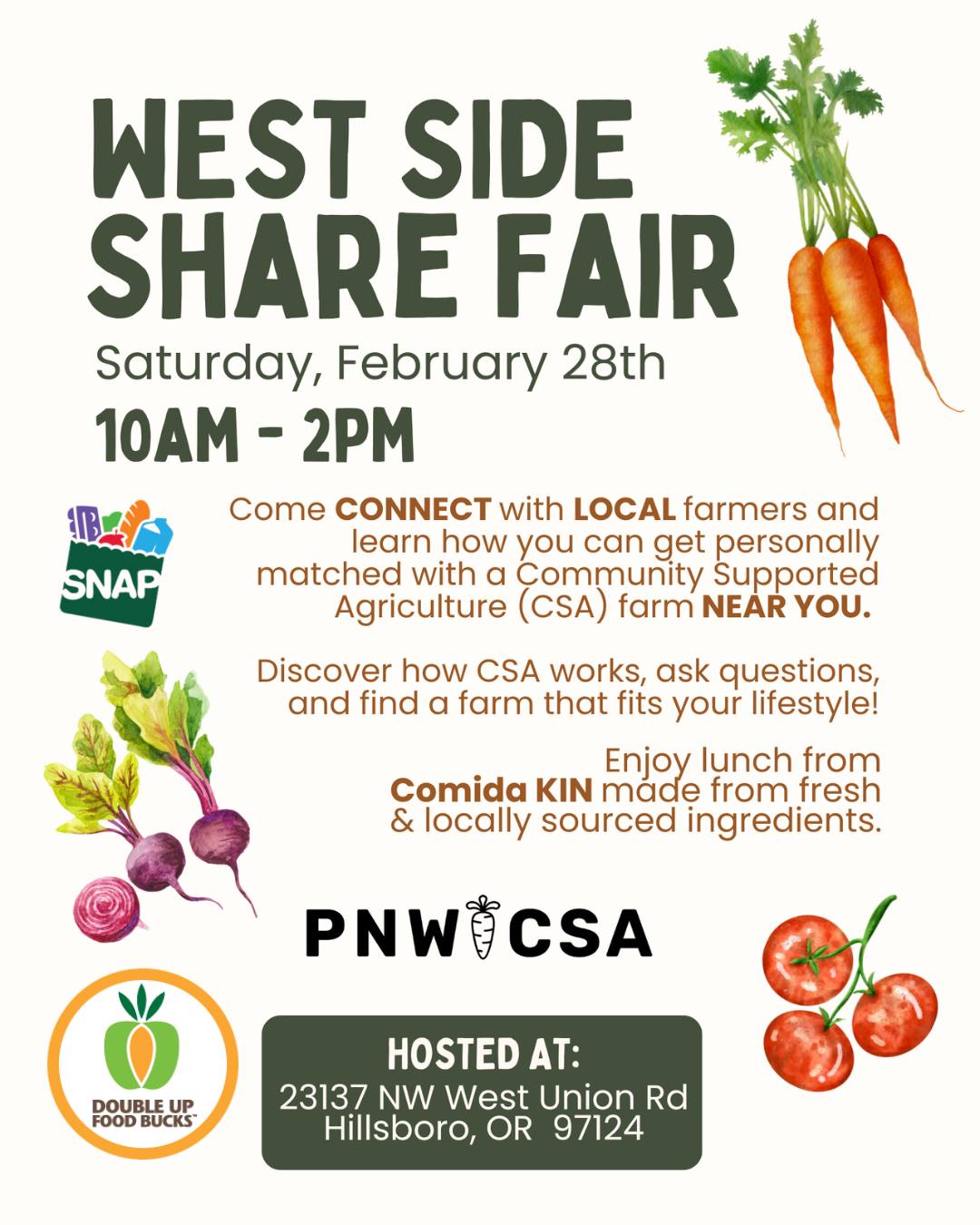 Want to use SNAP to get 50% off a CSA share?
Come to the West Side Share Fair on Saturday, February 28th, from 10AM–2PM @helvetiamarket in Hillsboro.
You’ll meet local farmers, get matched with a CSA near you, and learn exactly how Double Up Food Bucks makes weekly, locally grown produce more affordable. We’ll walk you through it step by step.
CSA is one of the most cost-effective ways to eat fresh and seasonal, and with SNAP + Double Up Food Bucks, it’s even more within reach.
Bring your questions. We’ll help you find your farm.
#WestSideShareFair #SNAP #DoubleUpFoodBucks #PNWCSA #WashingtonCountyOR #HillsboroOR #CSA #SupportLocalFarms #FoodAccess