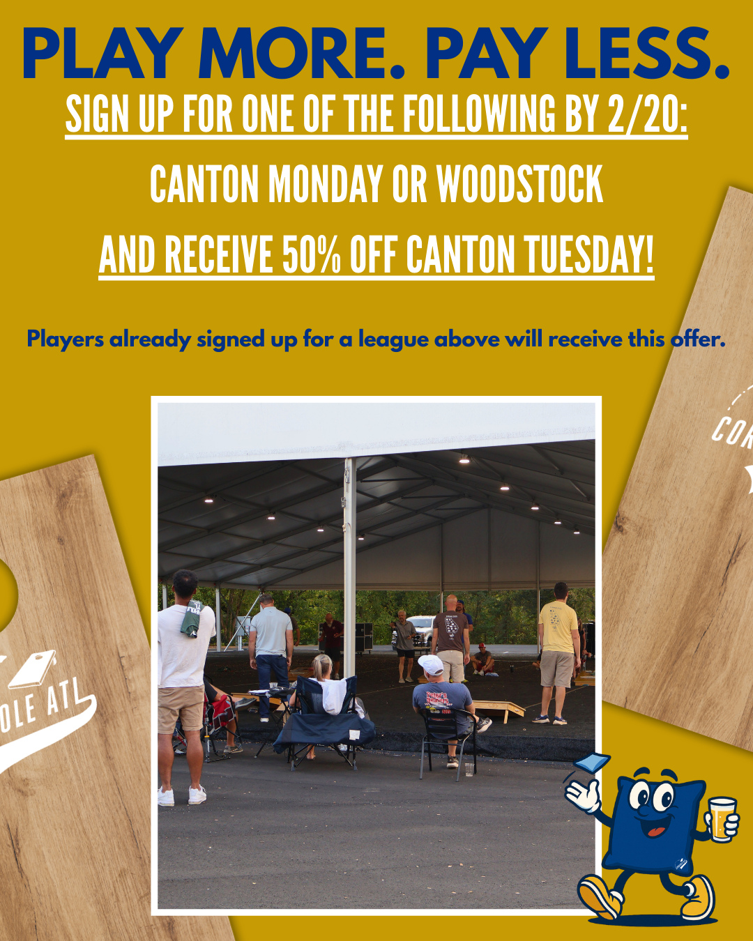 Let's keep it going. Get BOGO 50% off Canton Tuesday when you sign up for Canton Monday or a Woodstock league! ๐ฝ