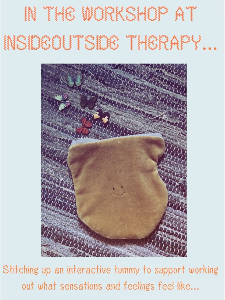 Working out what feelings and sensations feel like in the playroom with a handmade tummy! Is it butterflies? Is it nervous? Is it a rock? It’s heavy. It makes me need a poo…figuring it out together creatively and with our bodies in play therapy #insideoutsidetherapy #childmentalhealth #playtherapy #adolescentmentalhealth #creativetherapy