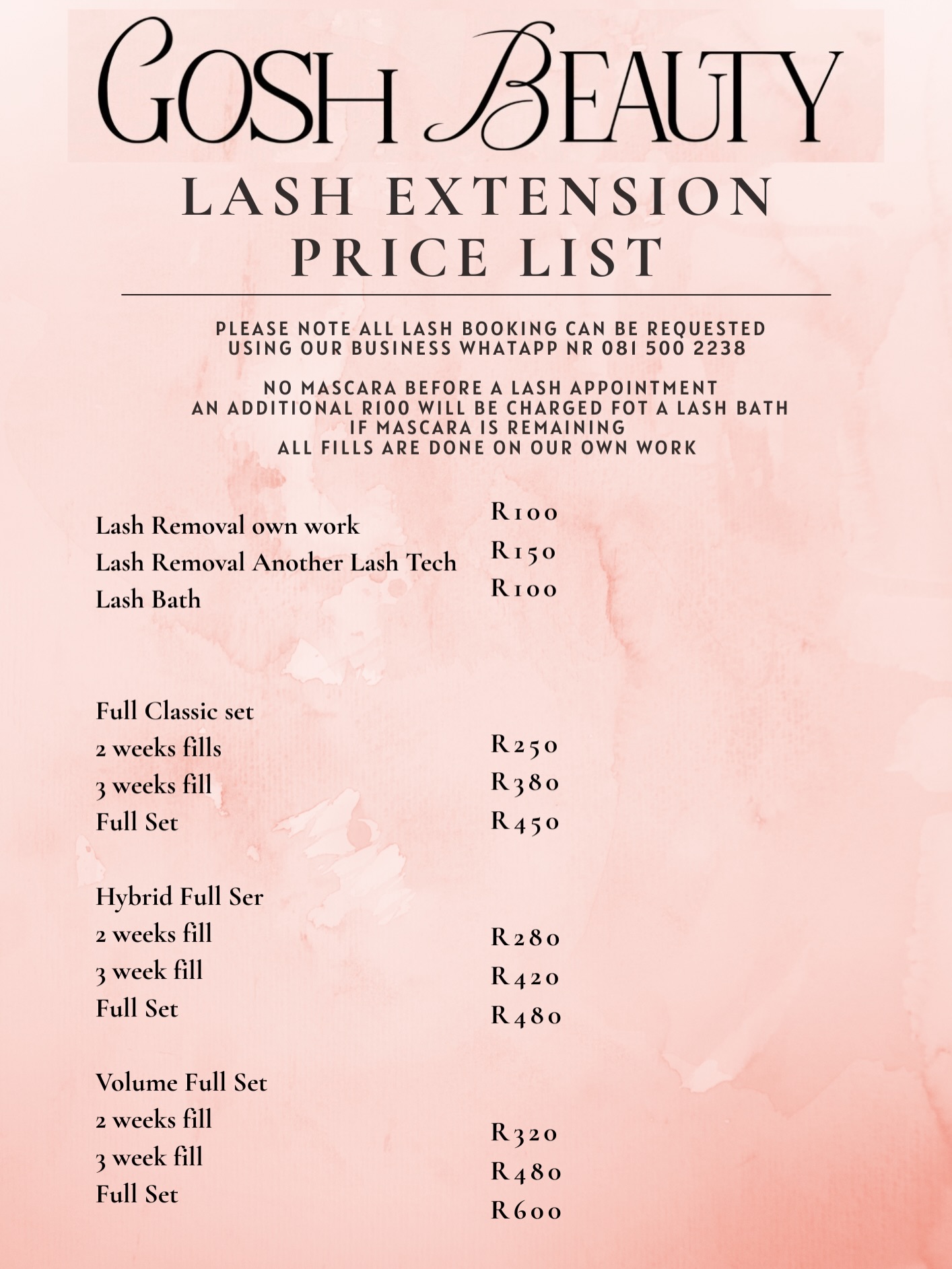 Gosh Beauty Pricelist💅🏻.
Our second branch just provides Nail services.
The perfect location for working clients with free secure parking we can’t wait to all see you soon.💕
Location: 21 weidnehof street Stellenbosch (at the end of door street )
(Image is on the last slide )
You are allowed to park infront of the salon there is a big blue building with a small gosh beauty sign . Please ring the bell to enter .
Business whatapp nr: 081 500 2238