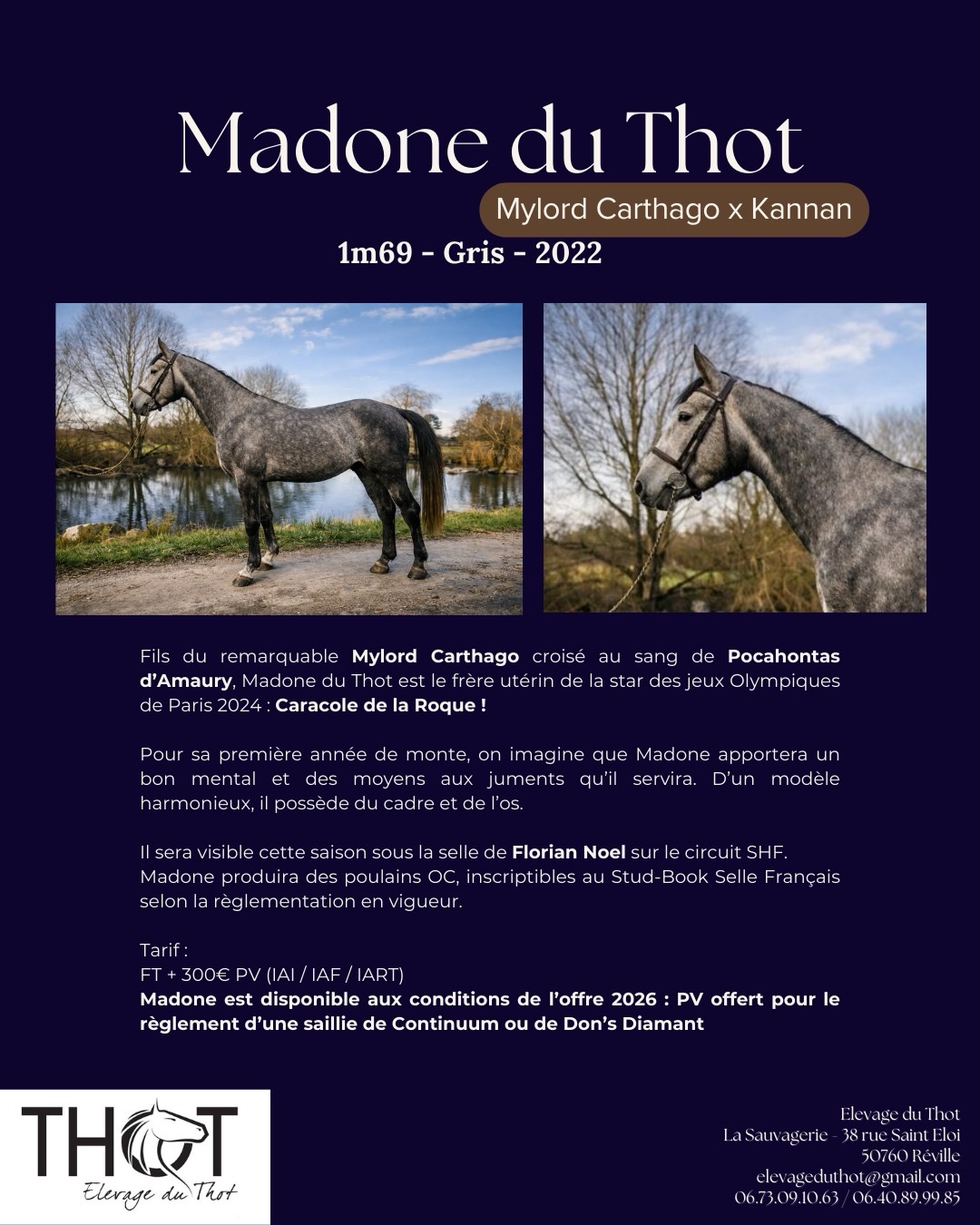 Étalons 2026 🤩
Cette année, 4 étalons sont proposés à l’Elevage du Thot 🙌🏼
Découvrez les des à présent :
𝗠𝗮𝗱𝗼𝗻𝗲 𝗱𝘂 𝗧𝗵𝗼𝘁 (Mylord Carthago x Kannan)
𝗖𝗼𝗻𝘁𝗶𝗻𝘂𝘂𝗺 (Contender x Capitol I)
𝗗𝗼𝗻’𝘀 𝗗𝗶𝗮𝗺𝗮𝗻𝘁 (Diamant de Semilly x Phin Phin)
𝗝𝗮𝗺𝗲𝘀 𝗠𝗼𝘂𝗰𝗵𝗲 (Deuxcatsix d’Eglefin x Utrillo van Heffinck)
➕ d’infos : 06.73.09.10.63 / 06.40.89.99.85