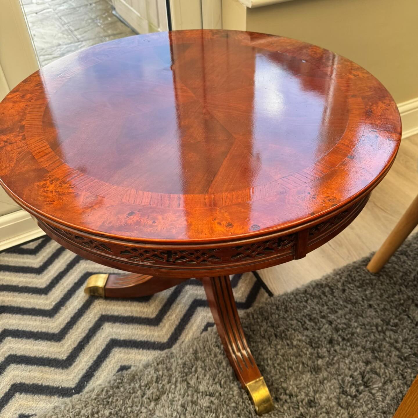 From tired to timeless ✨
Before: a dulled, water-marked top with a cloudy, uneven finish.
After: a deep, glassy French polish that brings the wood back to life.
This is a classic Regency-style occasional table with a circular top, tripod base, and elegant brass-capped feet.
Using traditional French polishing, the shellac has revived the warmth, chatoyance, and depth of the wood, enhancing every grain and veneer line while staying true to the table’s period character. A restoration that respects craftsmanship and lets the materials speak for themselves. 🪵✨
#FrenchPolishing #FurnitureRestoration #BeforeAndAfter #AntiqueFurniture #WoodFinishing