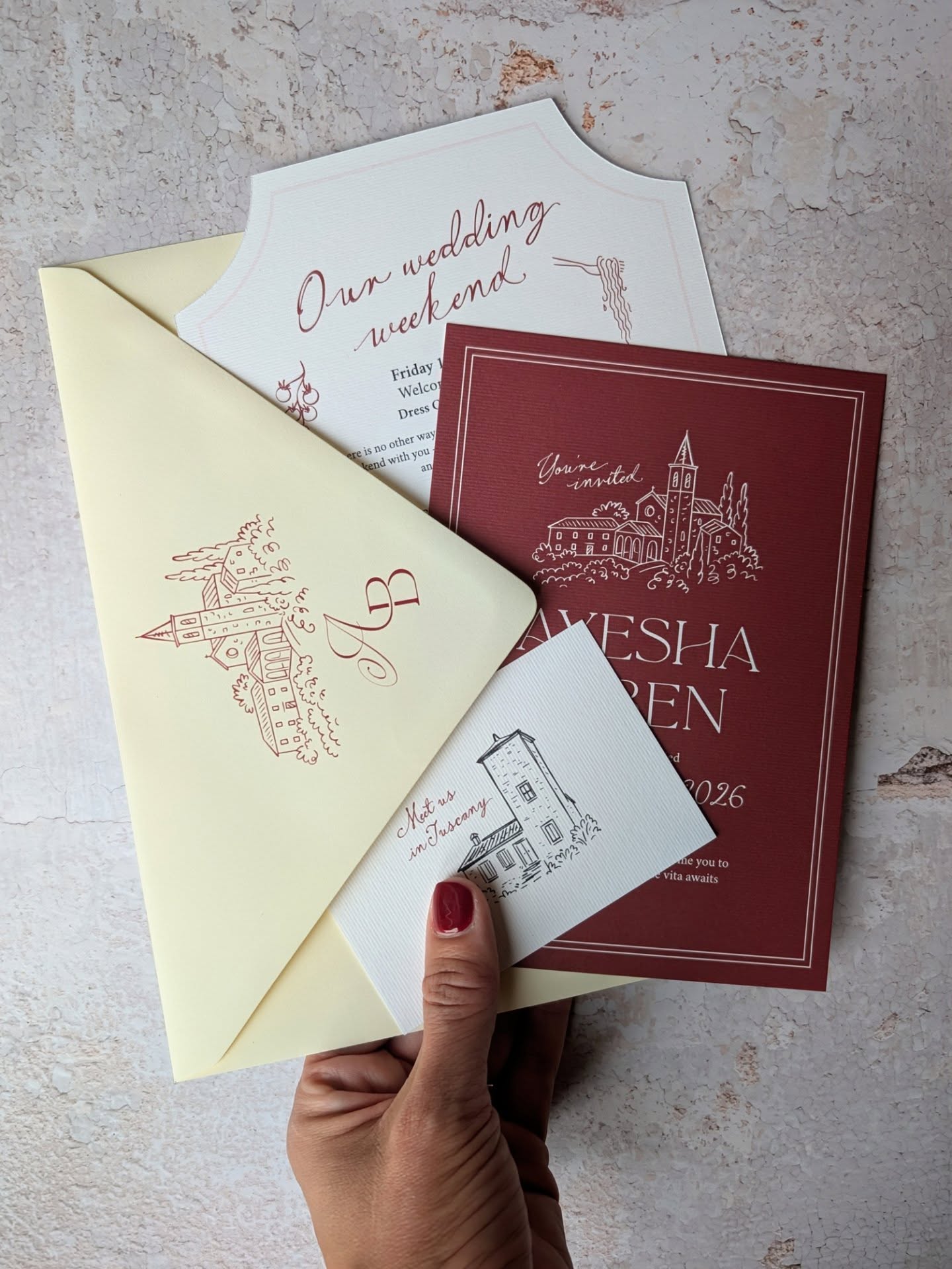 There’s just something about Italian weddings, the warmth + romance in particular ❤️
A + B’s cherry red + cream invitation suite was full of personality, custom monogram, playful details + a little nod to nostalgia
#ItalianWedding
#WeddingStationery
#weddinginspo