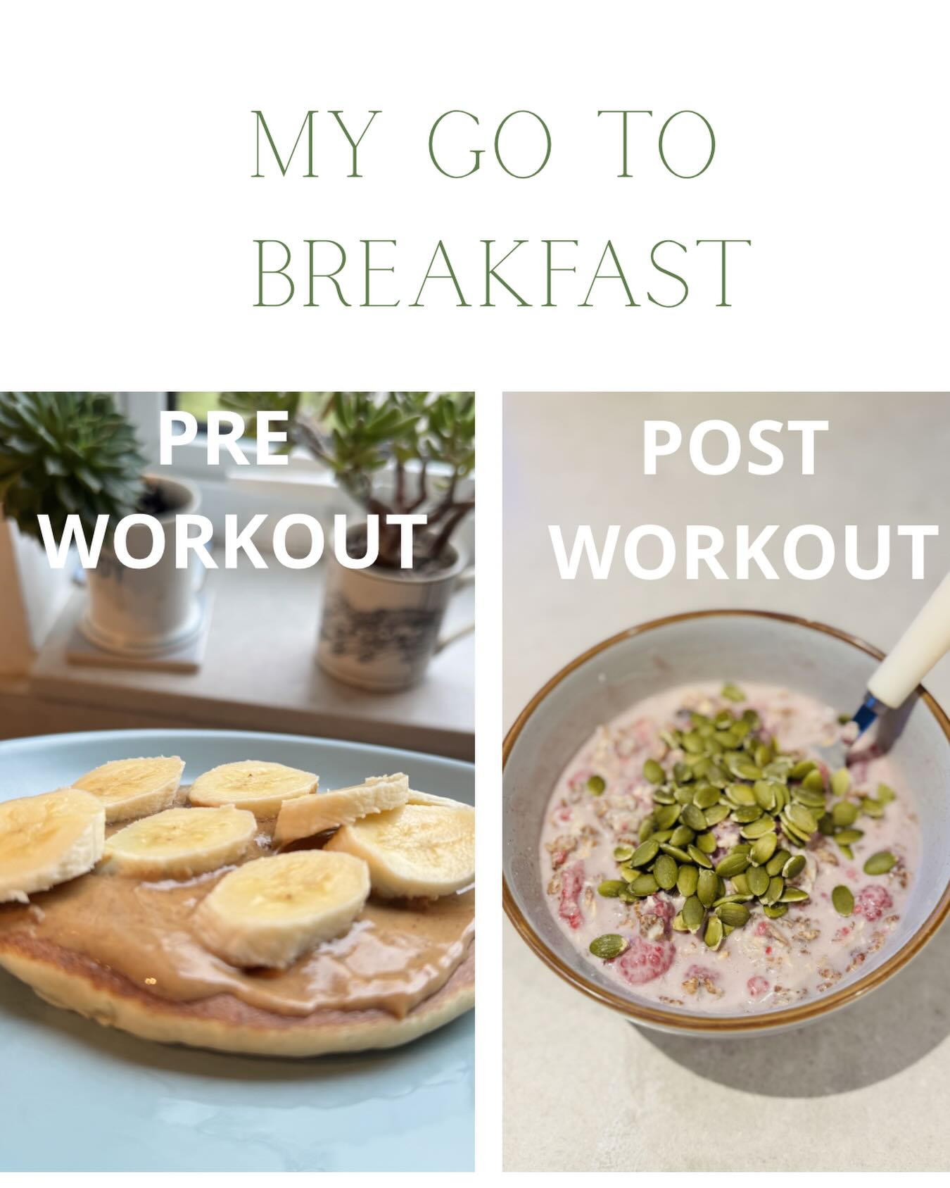 For women it is especially important to fuel before training! My fave is an American pancake topped with nut butter and banana 😋
And post workout you need to take on 30-40 grams of protein! I love a sugar free muesli with a scoop of @proteinworks vegan protein powder, creatine, frozen raspberries and almond milk topped with pumpkin seeds💪🏻 (I like my warm😍)
#preworkoutbreakfast #postworkoutbreakfast