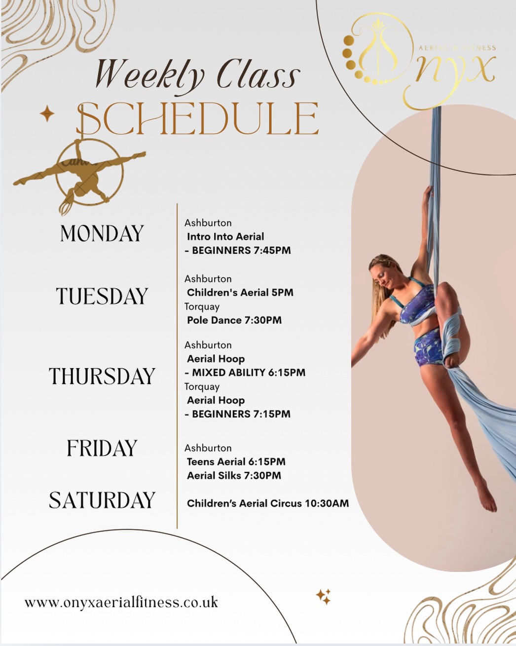 Onyx weekly schedule ✨
We have classes for all levels. Use discount code ‘WELCOME’ for 50% off your first class with us.
Book via our website link in bio .
#aerialarts #aerialhoop #classesforadults #classesforkids #acrobatics