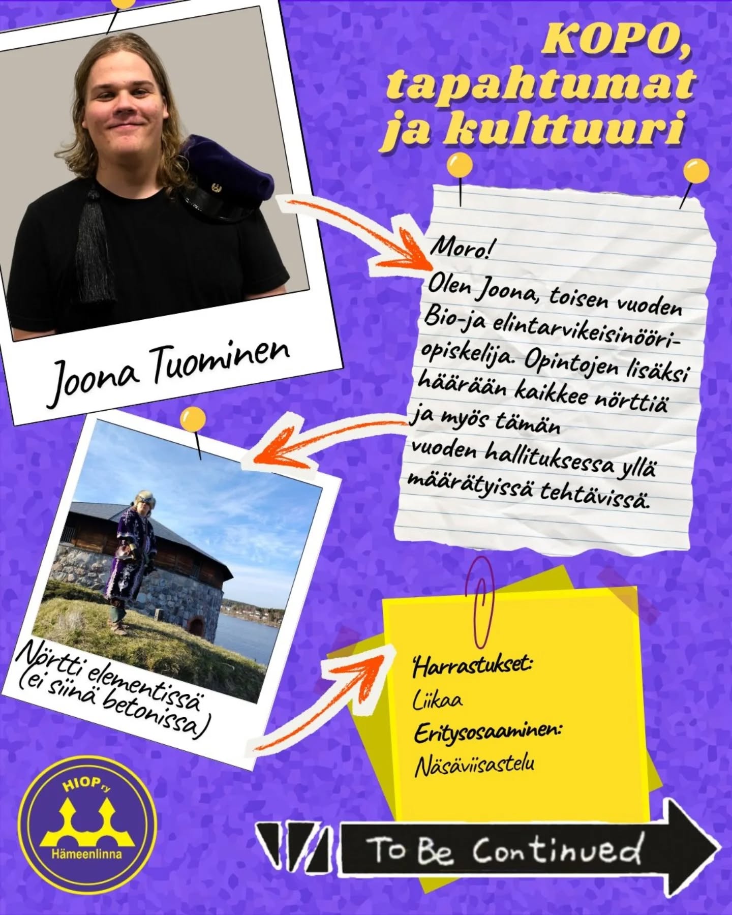 2026đ„
Hallitusesittelyt / Board introductions
KOPO, tapahtumat ja kulttuuri / Educational policy, event managing and culture
Joona Tuominen