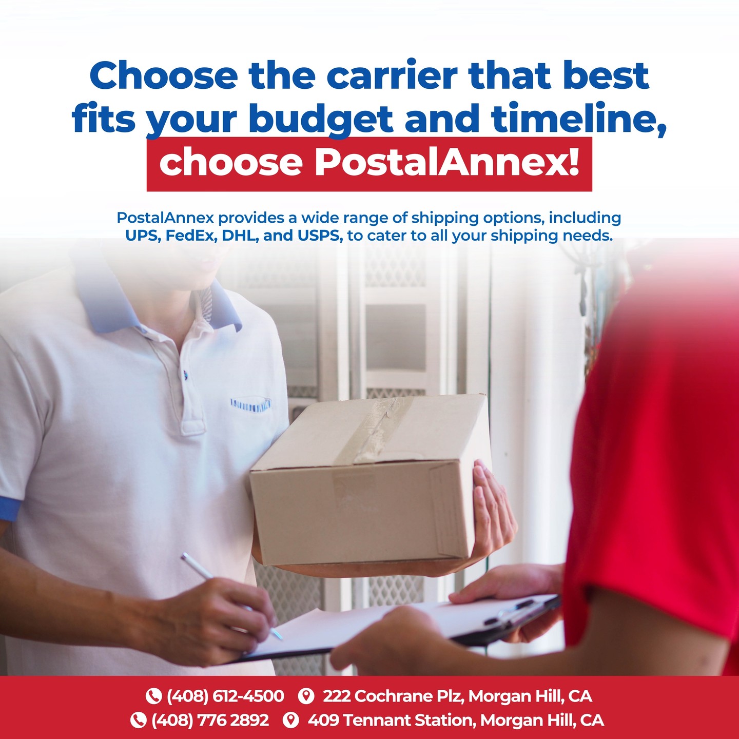 Ship smarter with PostalAnnex! 📦
When it comes to shipping, we've got you covered! At PostalAnnex, we offer a variety of options, including UPS, FedEx, DHL, and USPS, ensuring you find the perfect fit for your budget and timeline. Our expert team is here to guide you every step of the way, making your shipping experience smooth and hassle-free. 🌍
Why run around when you can find all your shipping solutions in one place? Visit us today and ship smarter! 🚚
📍 222 Cochrane Plz, Morgan Hill, CA
📍 409 Tennant Station, Morgan Hill, CA
#ShippingServices #PostalAnnex #ShipSmart #ConvenienceAtItsBest