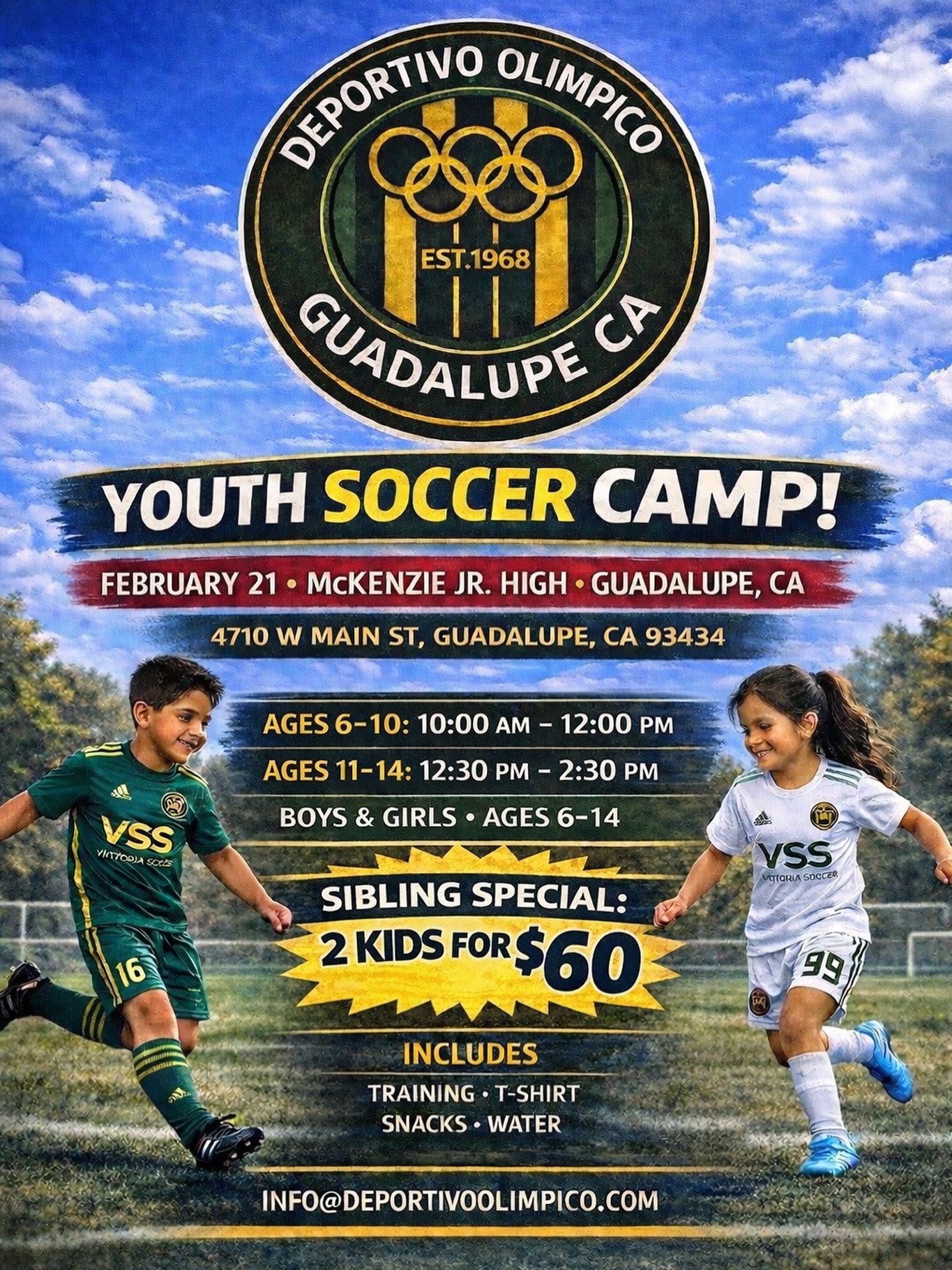Serving our community through the game we love. 💛💚
Join us Saturday February 21st for our first Youth Soccer Camp of the year!
Sibling Special: 2 for $60
Ages 6–14 • Boys & Girls
📍McKenzie Jr. High
#Footballisfreedom #kidssoccercamp #youthfirst #centralcoast #deportivoolimpico
