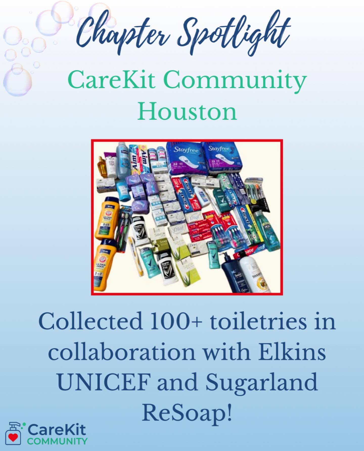 CareKit Community Houston raised over 100 hygiene products in collaboration with Elkins UNICEF and Sugarland ReSoap. Thank you for supporting the Houston community! #hygiene #carekitcommunity #carekit #nonprofitorganization