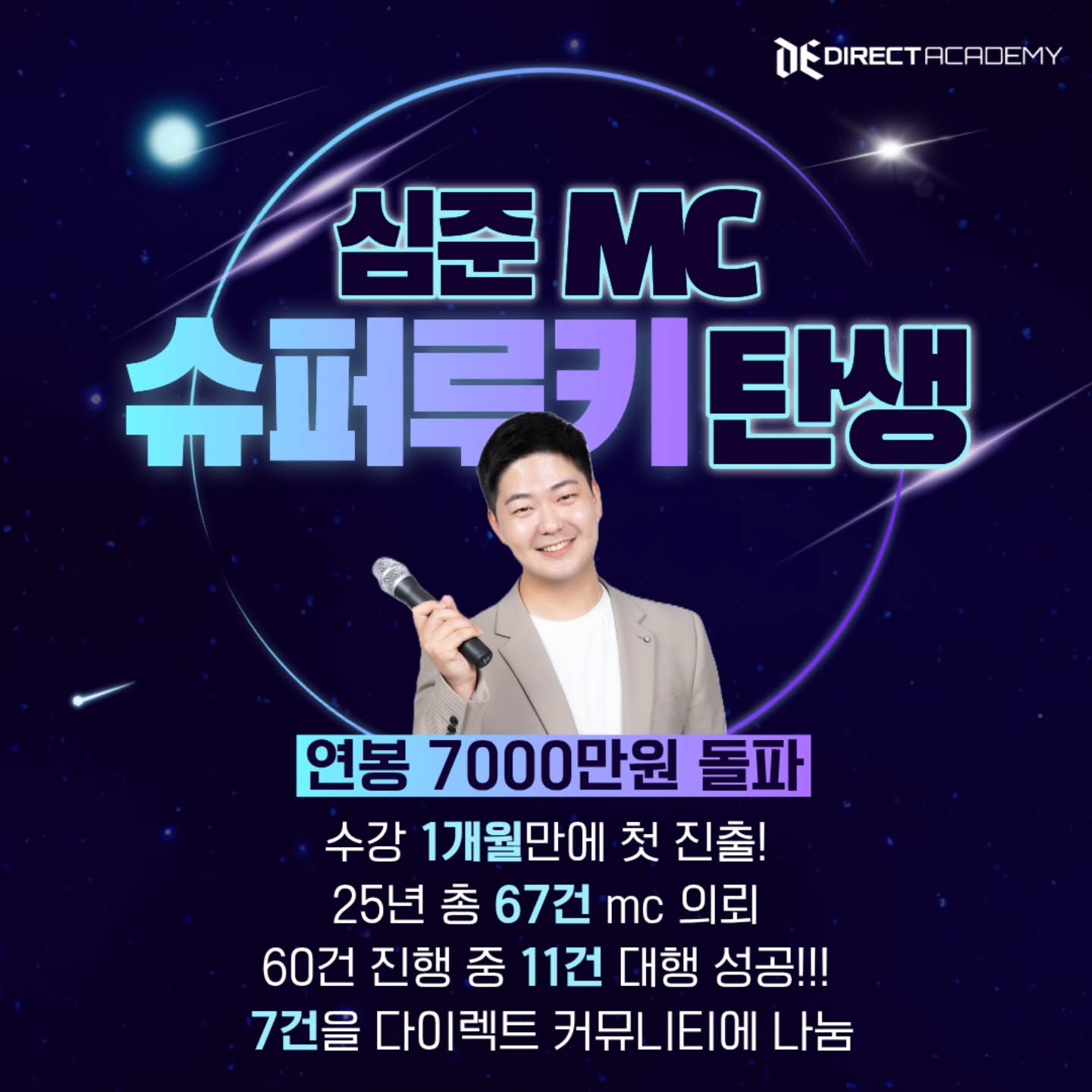 23년 국내최초&유일 대행을 가르친 다이렉트
원생에게 무슨 대행을 가르치냐! 라고 비난받았지만
15억매출의 법인다이렉트엔터의 노하우 자료를 전수
Mc넘어 대행사 대표로 양성성공!
mc섭외! 25년 1100건 돌파!!
(주)다이렉트엔터 206건 mc 섭외! (세금신고기준)
(주)팀플레이 316건 팀빌딩 mc 섭외! (세금신고기준)
다이렉트 커뮤니티 600건 이상 mc섭와!! (커뮤니티 기준)
매년 기적을 달성하는 다이렉트!!!
25년 한해 또 예상을 뛰어넘는 기적이 일어났습니다 감사합니다
두 법인과 12년의 다이렉트 억대연봉 선배들의 압도적 섭외능력
(정말 많은 선배님들이 후배들위해 섭외해주십니다 명성에 누가될까바
실명언급없이 감사한 마음을 전합니다)
그리고 25년은 슈퍼루키 mc들의 탄생!!
많은 억대연봉자들이 탄생했지만
공개허락을 받은 mc님들만 공개합니다
송지훈 mc
24년초 수료 25년 총 424건mc 계약
244건 진행 180건을 다이렉트 커뮤니에 나눔
연봉 1억돌파!!
김성호mc
24년초 수료후! 25년 총 281건 계약
187건 진행 / 94건 다이렉트커뮤니티에 나눔
연봉1억돌파
임건준 mc
수강 3개월만에 첫 진출!
25년수료 25년 총 256건중
228건 진행 28건을 다이렉트 커뮤니티 나눔
연봉 1억돌파!!
송미영 mc
24년 수료 /25년 행사 218건 mc 진행
다이렉트 커뮤니티 나눔 77건
체육대회및 기타 대행은 33건
차별화 첫번째!!
압도적인 원장님!!
개그맨중 행사1위!! 삼성전자 경합 1위!
조우용원장님이 직접개발한 교육과정 입니다
공채개그맨이 개발한 진행방법 ,레크 ,
애드리브를 배우는것만으로도 큰 차별화입니다
개인의 능력에 맞게 맞춤형 1:1 수업을 진행합니다
원하는 요일/ 원하는 시간을 친구와 약속잡듯이 수업을 잡습니다
개인의 역량과 니즈에 맞게 커리큘럼 선택도 가능합니다
물론 기본추천하는 과정도 정해져있습니다
수업은 70분~80분이며 초급반 10회 중급반10회 레전드반10회로 운영중입니다
단 하나의 과정만 등록해도 멤버쉽 혜택과 활동이 가능합니다!
차별화 세번째
전 과정 인강화 족보대본! 무료지급 평생케어!!
회당300~500만원원장님의 100시간이상의 행사 풀 영상과
그대로 따라만 해도 차별화인 개그맨의 레크 족보 대본지급! 평생소장
평생케어: 연 20~30회 무료특강과 인강화 &매년 자료업데이트 무료!
수료해도 지속적인 섭외와 지속적인 자료업데이트!
차별화 네번째
국내유일! 연 15억매출 법인이벤트사를 운영하는 학원!
(이벤트사 5곳을 운영!)
국내최초&유일 대행을 교육하고 다이렉트엔터가
원생에게 대행을 실제로 주고 성공하였습니다
처음 교육때 원생이 무슨 대행을 하냐고 했지만 이미 100건 넘게 성공!!
최근 2년간 대행으로 원생에게 지급한 금액만 5천만원이상 돌파!했습니다
대기업에 진출하는 학원- 삼성전자만 200건이상진출!! (팀빌딩포함)
다이렉트가 연 300건 대행!! 전원 다이렉트인 섭외!
대기업진출부터 회당100만원 이상진출까지 하는 신화를 이루고 있습니다
수료 원생 전원 자사 싸이트등록 및 유료홍보를 대행서비스를 받고 있습니다
더 나아가 셀프PR 방법을 교육하여 확실한 자생과 업계선두가 될수있게 돕습니다
차별화 다섯번째
쏟아지는 무료과정!!
연 무료특강 20~30회 이상
연 레전드 강사진의 현장수업 300회이상
+개그맨들의 현장수업과 방송국 현장수업까지
차별화 여섯번째
증빙되는 억대연봉자들!!
현 강사님들도 10년전 다이렉트 원생이었던 사실
최근 수료한 23~25년 수료자중 연봉 7천~억대연봉자 최소 10명이상 배출
말이 아닌 자료와 업계를 빠르게 장악한 다이렉트인으로 증빙되는 학원
90%가 소개로 오는 학원!
다이렉트의 교육은 체계적이고 강도높은 커리큘럼을 자랑합니다!!
일반인을 억대연봉으로 성공시키는 방법을 정확히 알고 있습니다
레전드에게 배우면 당신도 레전드가 됩니다
선생님뿐만 아니라 제자도 억대연봉인 다이렉트!
12년의 역사! 수 많은 업계 선배들이 여러분의 성공을 돕습니다!
현재 다이렉트는 전국에서 제일 큰 행사 MC그룹입니다!!
여러분을 도와줄 모든 조건을 갖춘 대형 커뮤니티에 합류하세요!!!
기적은 기다리는게 아니라
내가 기적을 만드는 것입니다
01025839922 원장님이 직접 친절상담
#mc학원#mc아카데미#mc되는법#mc교육