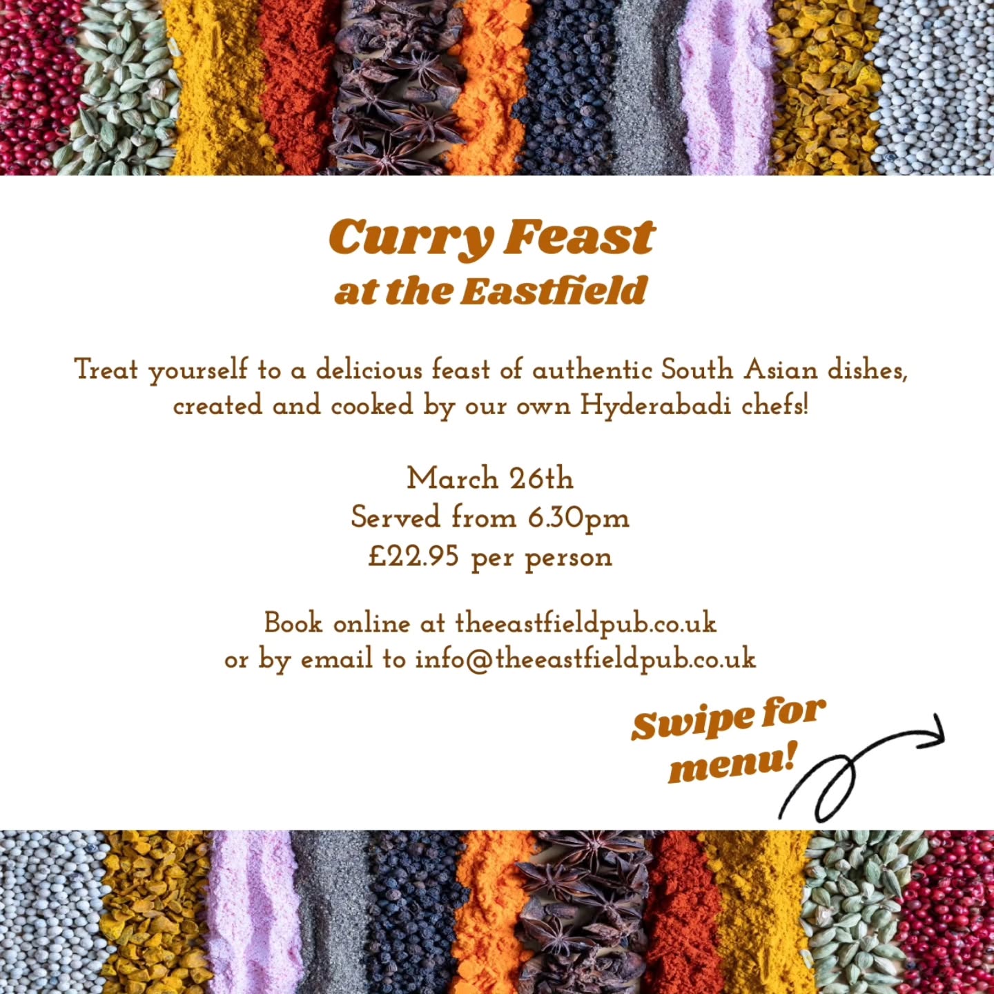 Curry feast happening at the Eastfield Pub next month. Menu developed by our head chef @chefcharlieh and his team from #hyderabad @ab.c2k and @manimrunal