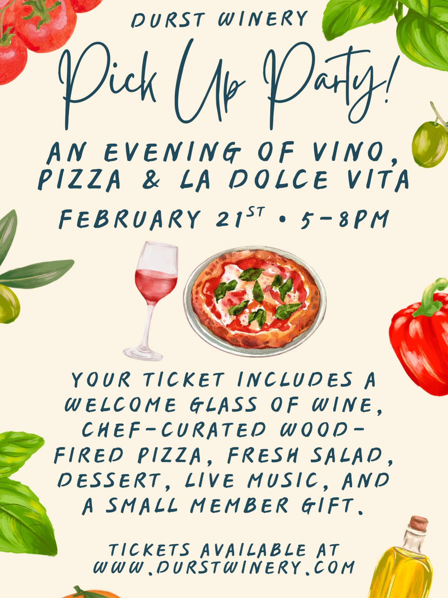 This is your sign to pick up your wine… and stay for pizza. 🇮🇹🍷
Join us February 21st for an Italian-inspired evening at the estate featuring wood-fired pizza, live music by Bill Russell, dessert, a welcome pour, and a little something special for our members.
$30 Members • $40 Guests
Tickets are limited.
La dolce vita awaits ✨
Grab your tickets at the link in our bio!
#durstwinery #lovedurst #pizza #wine #visitlodi