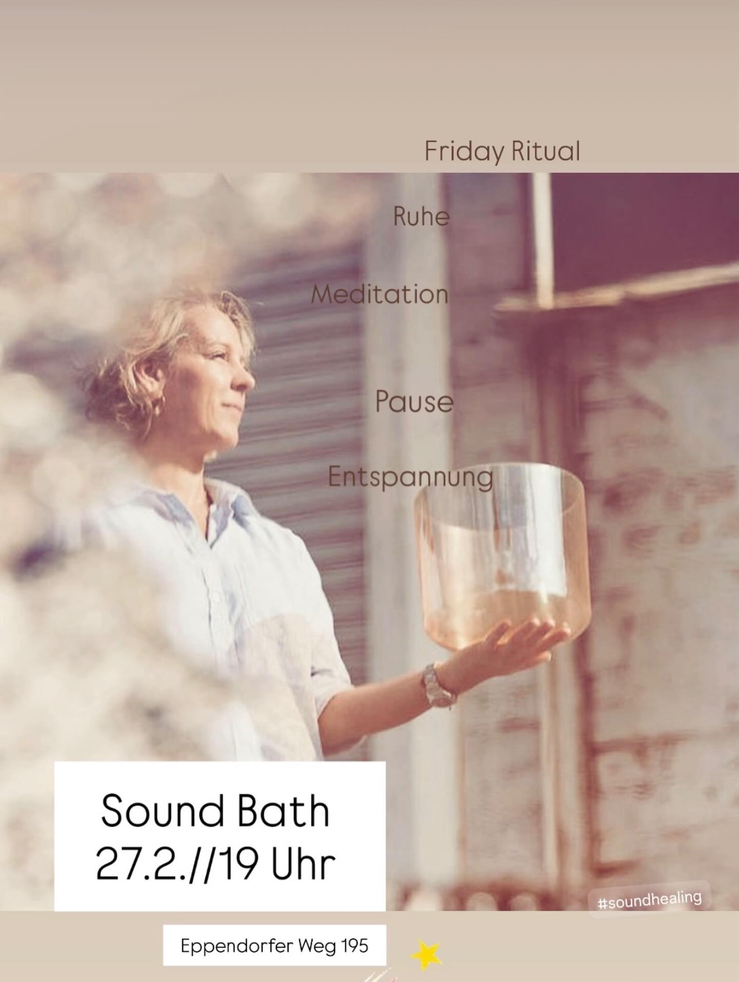 Friday Ritual
27.2.//19 Uhr
Diese Woche im Eppendorfer Weg 195🫧✨
Es ist noch eine Matte frei für dich
Manchmal müssen wir leise werden um unser Herz zu hören 🧡
Du musst nichts tun, nur einfach da sein 🧡
#soundhealing
#pause
#meditation
#reset
#calmyournervoussystem
🧡