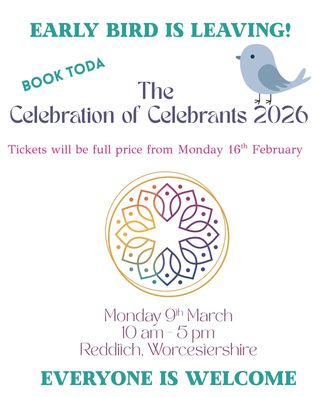 ✨ Early Bird Tickets Are Almost Gone! ✨
The countdown is on… and the Early Bird tickets are disappearing fast.
Join us for The Celebration of Celebrants.
A full day dedicated to inspiration, connection, and growth.
Here’s what’s included:
💛 Engaging workshops
🎤 Inspiring speakers
🤝 Meaningful community connections
🌿 Opportunities for collaboration
🥗 Lunch and refreshments included
This is your chance to invest in yourself and your craft and to be surrounded by others who are just as passionate about creating heartfelt ceremonies.
Prices rise on Monday 16th February - so don't miss out!
🐦Book the final Early Bird here - https://www.celebrantcircle.com/book-celebration-of-celebrants, or via your memebership page
Secure your place, bring your energy, and be part of a day that celebrates you and the incredible work you do.
We can’t wait to welcome you. 💫
#celebrantbusiness #ukcelebrant #celebrantsupport #celebranteducation #celebrationofcelebrants #celebrantuk #celebrantadvocate