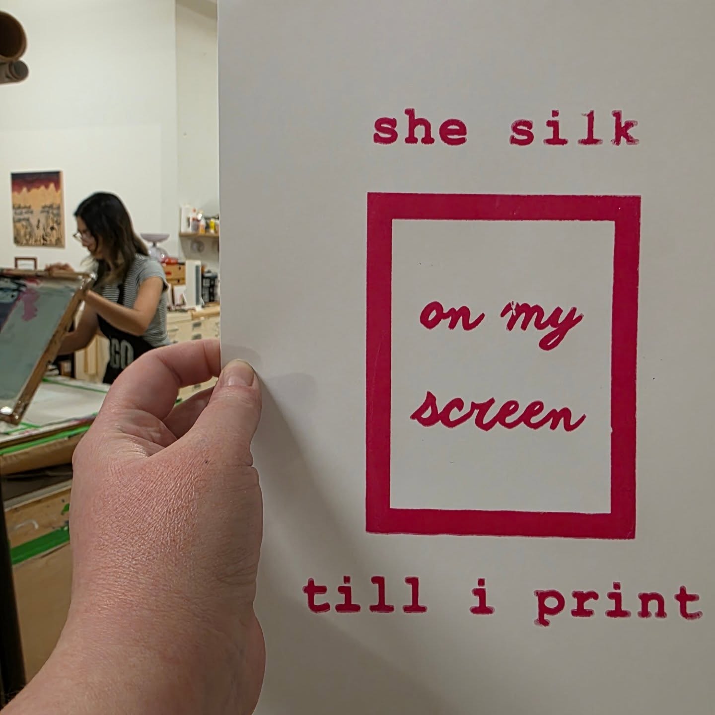 That's a wrap on our first Print 101 class of 2026! The students made some awesome screenprints, like this one by Joyce ❤️
We have lots of awesome courses and workshops planned at inPrint Studio this season. You can browse them and register on our website (link in bio). Come print with us!
ID: Photo of a silkscreen print that reads "She silk/on my screen/til I Print", printed with magenta ink on paper. To the left you can see Joyce printing in the background.
#torontoprintstudio #torontoprintmakers #torontoartclasses #learnprintmaking #print101