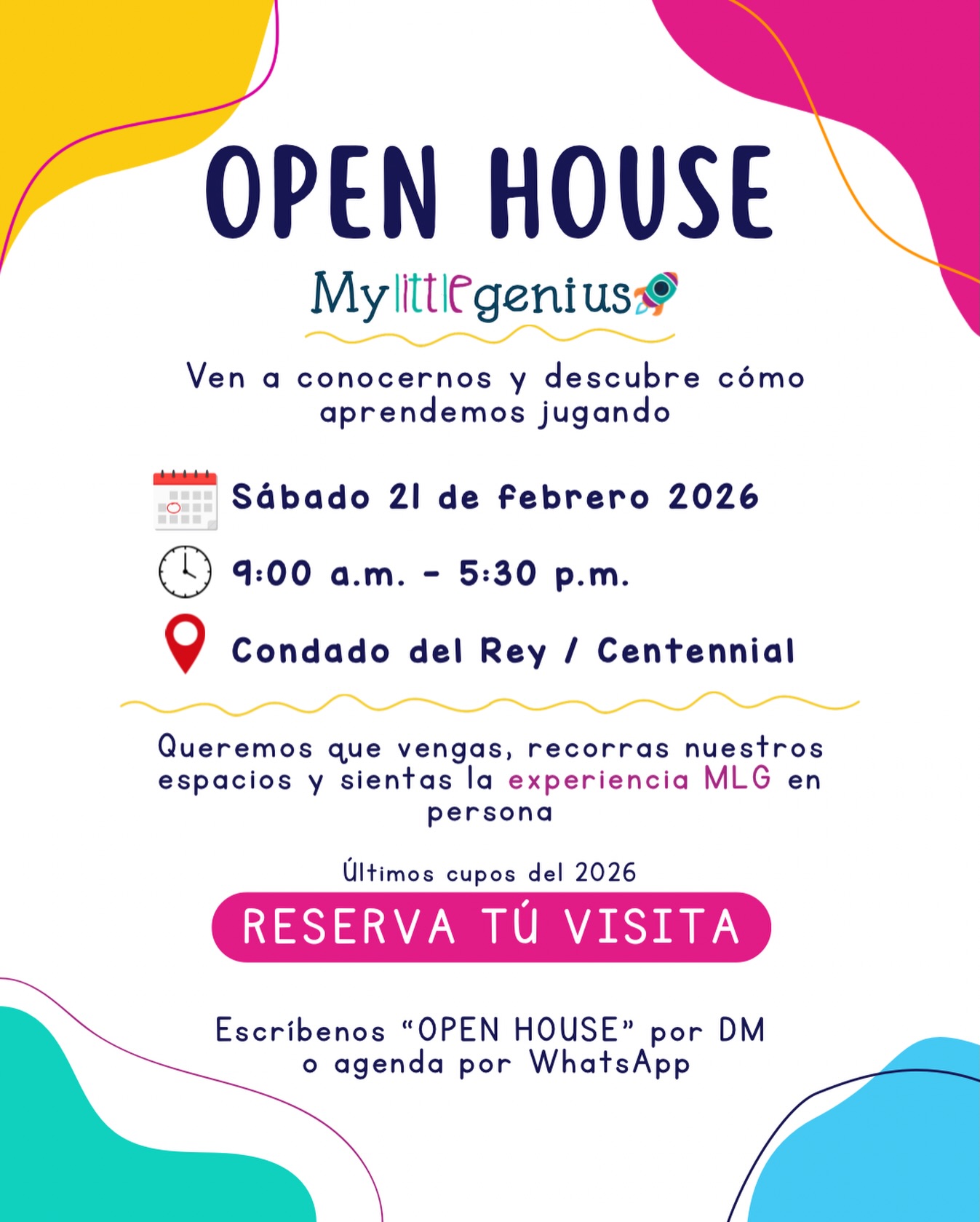 Este 21 de febrero abrimos nuestras puertas para que vivas la experiencia My Little Genius 💛
Elegir un preescolar es elegir el lugar donde tu peque aprende, se estimula, se cuida y crece… y donde tú también necesitas sentirte en confianza.
Por eso queremos que vengas, recorras nuestros espacios, conozcas a nuestro equipo y veas cómo trabajamos la adaptación a su ritmo, con rutinas suaves y mucho acompañamiento.
No es lo mismo verlo en redes que sentirlo en persona ✨
🗓 Sábado 21 de febrero 2026
🕘 9:00 a.m. – 5:30 p.m. (puedes venir en el horario que mejor te funcione)
📍 Condado del Rey / Centennial
📌 Últimos cupos 2026
📩 Escríbenos “OPEN HOUSE” por WhatsApp y te reservo una visita para la hora que te convenga.
Porque al final, lo más importante es que tu peque se sienta seguro, amado y acompañado 🤍