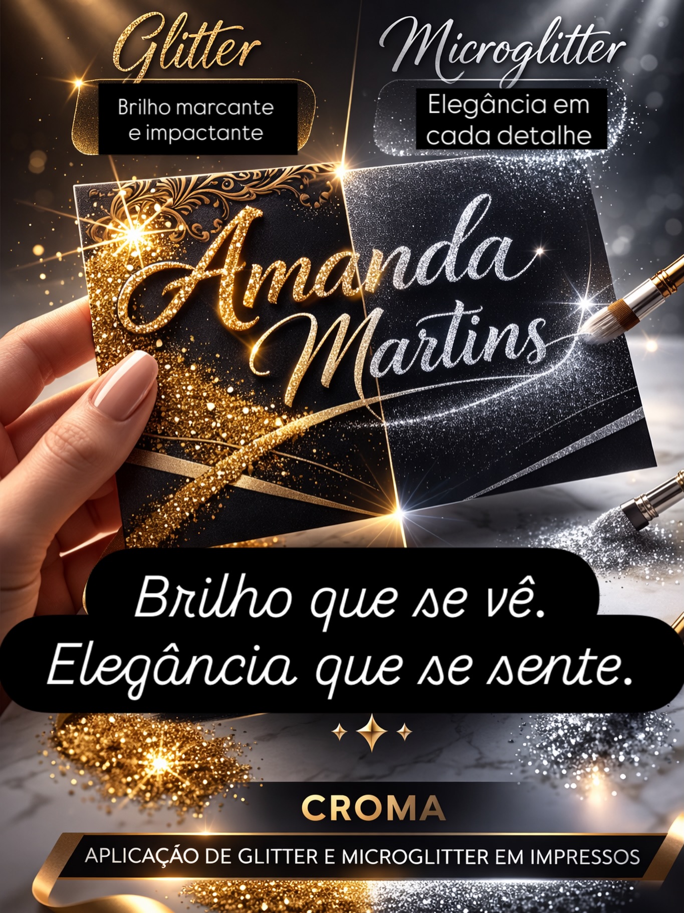 ✨ Glitter e Microglitter: brilho que transforma o impresso em experiência
Você sabia que a Croma também faz aplicação de glitter e microglitter em materiais impressos?
Mais do que um acabamento, o glitter agrega valor, sofisticação e impacto visual ao seu material.
🌟 Qual a diferença?
Glitter
✔ Partículas maiores
✔ Brilho intenso e marcante
✔ Ideal para detalhes que precisam chamar atenção
Microglitter
✔ Partículas ultrafinas
✔ Efeito delicado e elegante
✔ Acabamento mais sofisticado e uniforme