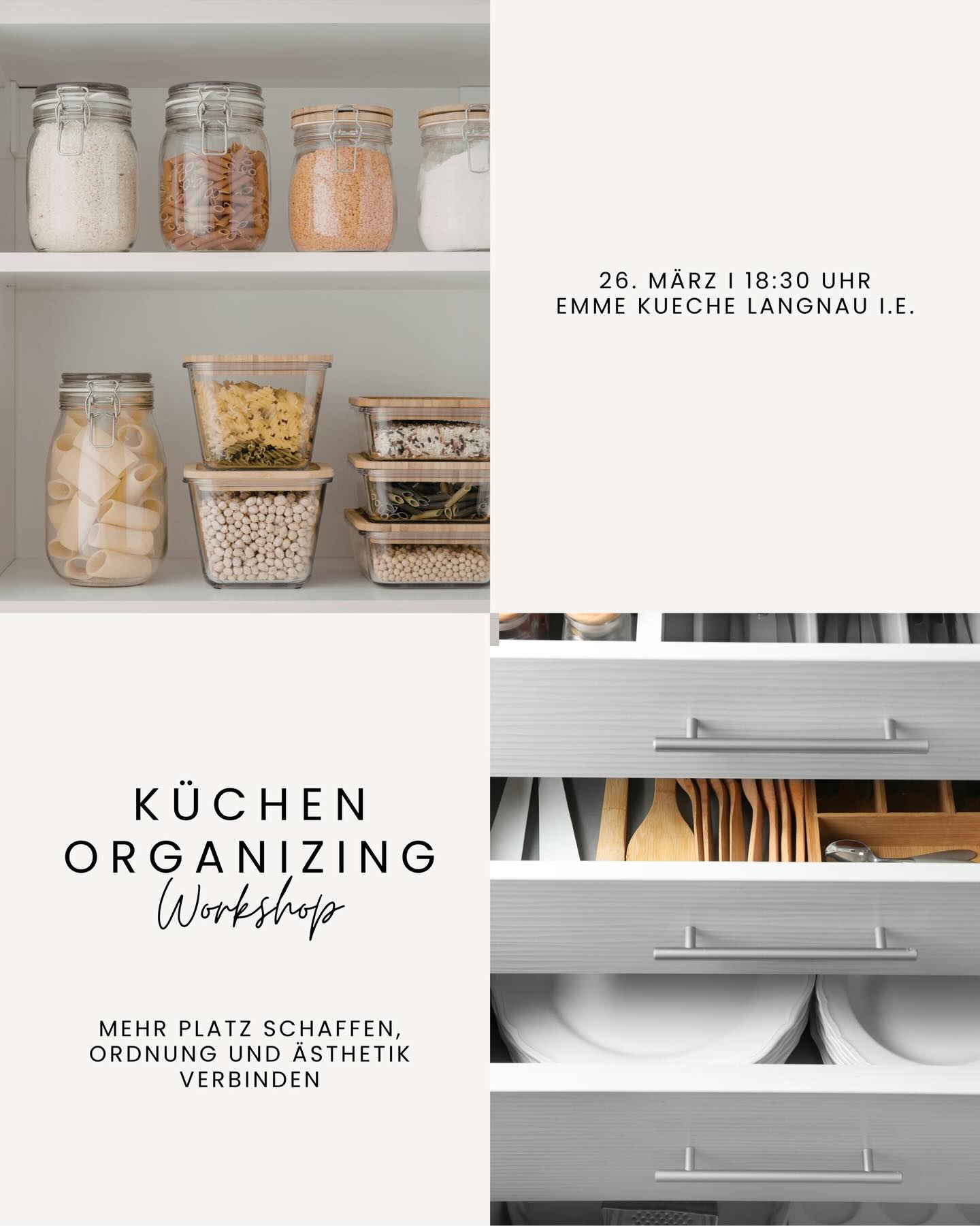 Küchen Organizing Workshop ✨🍽️
Deine Küche braucht ein Glow up?
Du hast keinen Überblick mehr und weisst nicht, wie du starten sollst?
Dann komm zum Workshop bei @emmekueche und lass dich nicht nur inspirieren sondern auch motivieren!
Ich freue mich auf dich!🌟
Anmeldung: www.emmekueche.ch oder Link in Bio