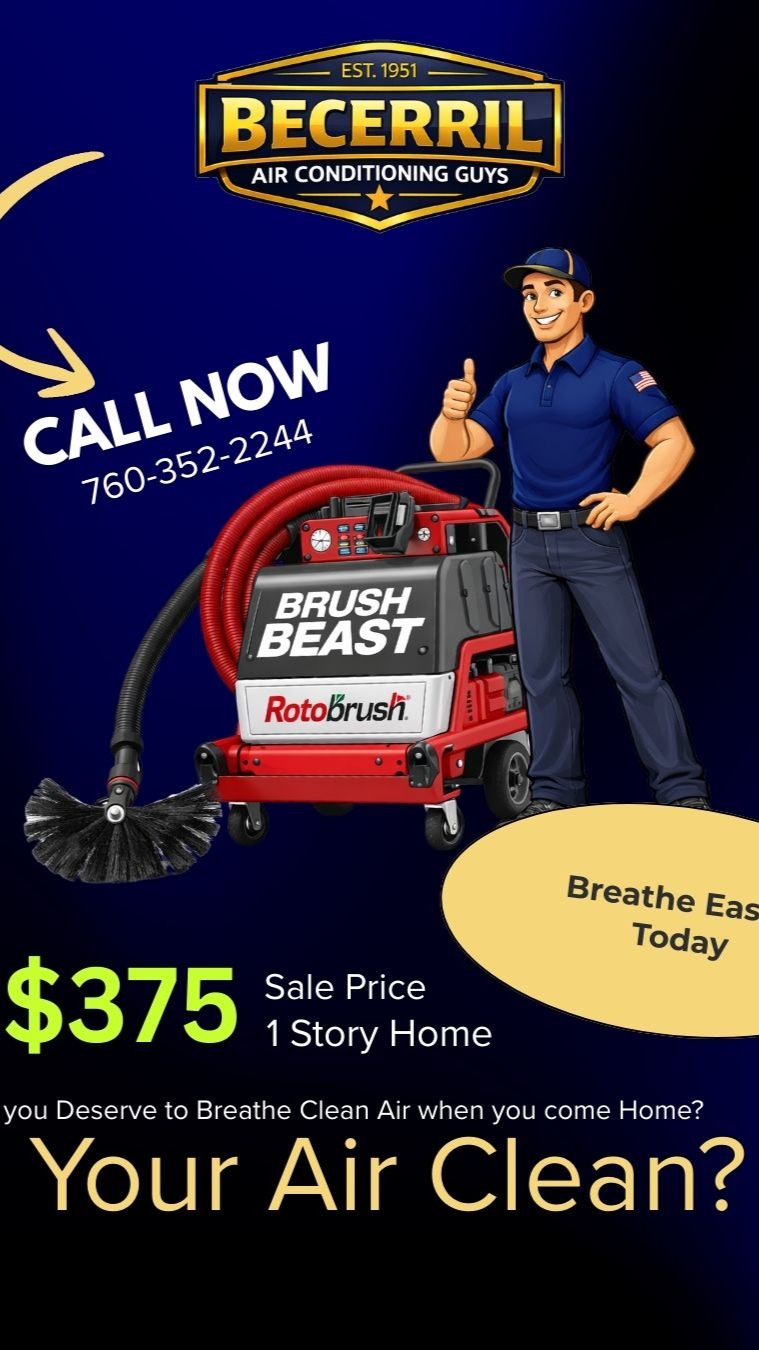 If you don't know if your air ducts are clean BUT you do know you always have dust on your furniture or you wake up with watery eyes or allergy like symptoms. TIME TO CLEAN YOUR AIR DUCTS!
#becerrilair #acguys #airductcleaning #ductcleaning #elcentro #imperial #calexico #brawley #eastlake #chulavista #sandiego