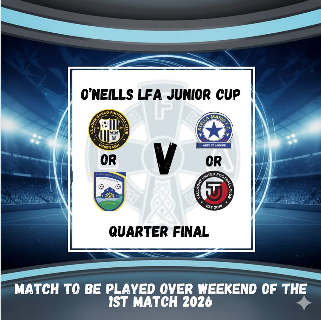 Draw made for the quarter final of the the O’Neills Sportswear Leinster Football Association junior cup
If Clonmullion Football Club are successful this Friday night they are drawn to play at glen in the quarter final against the winner of Stella Maris FC or Tallaght United FC