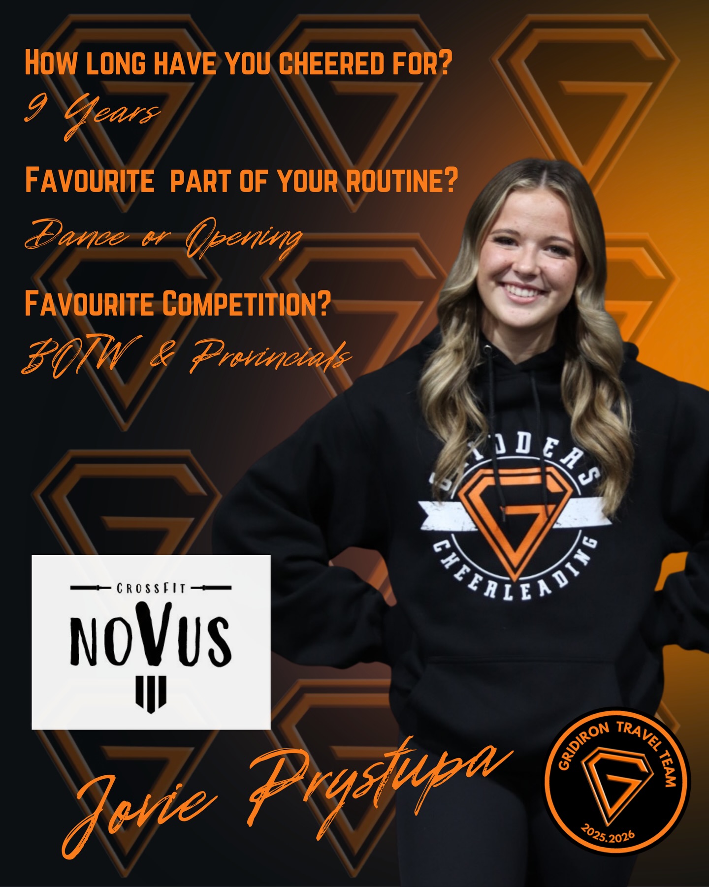 Our Gridiron travel team is heading to Seattle , and we’re excited to showcase our amazing athletes! 📣
Today, we’re spotlighting Jovie Prystupa, proudly sponsored by CrossFit Novus!
Thank you to CrossFit Novus for supporting Jovie and our journey — from all of our Gridiron Travel Team athletes and Gridders Cheerleading!🧡🖤