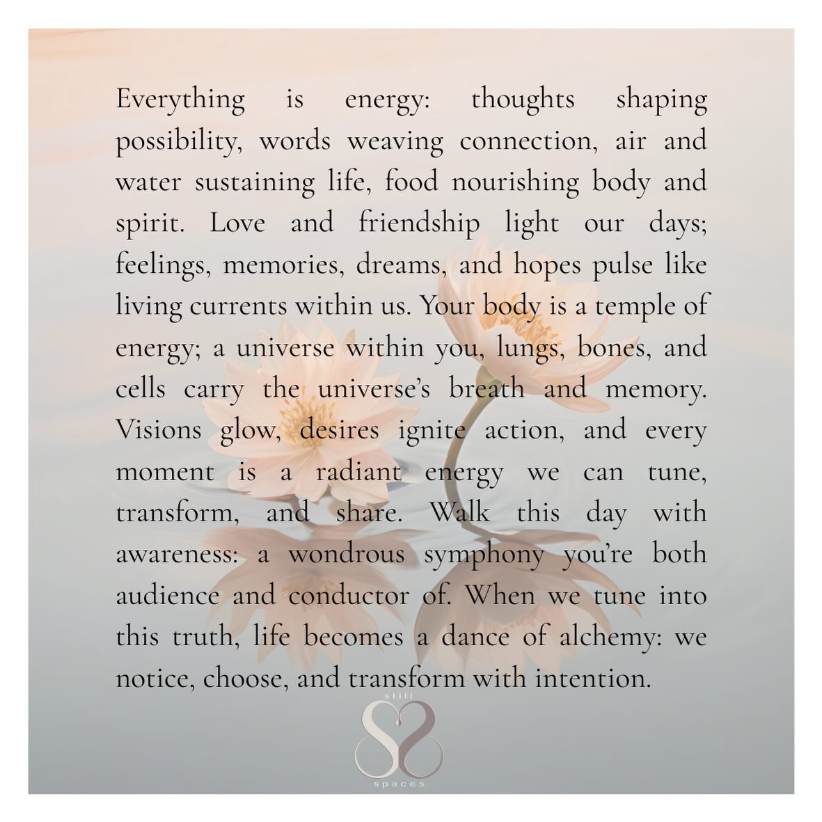 Everything is energy, a grand, ever-moving, ever-singing continuum. When we tune into this truth, life becomes a dance of alchemy: we notice, choose, and transform with intention.
Practice- Find a moment where you will not be disturbed. Get comfortable, seated or lying down. Turn off the phone. Now close your eyes and begin to feel your breath, imagine it as a mass of energy. Begin to imagine your physical heart and see it as a mass of energy, move through the whole of your body, all your organs, your bones, blood, nervous system and see and feel it as a living mass energy.
Now imagine your chakras if you know them, see them as masses of living moving energy. Move into your energy body that surrounds you and see and feel the energy, alive, moving, vibrating. Bring your awareness to your life force within and feel the living mass of energy and vibrations.
Connect with your thoughts and imagine them as waves of energy. Think about love and feel its energy. Think about your desires and dreams and see and feel them as masses of energy. Keep going for as long as you want and allow your imagination to take you as far as it will go. #stillspaces_
